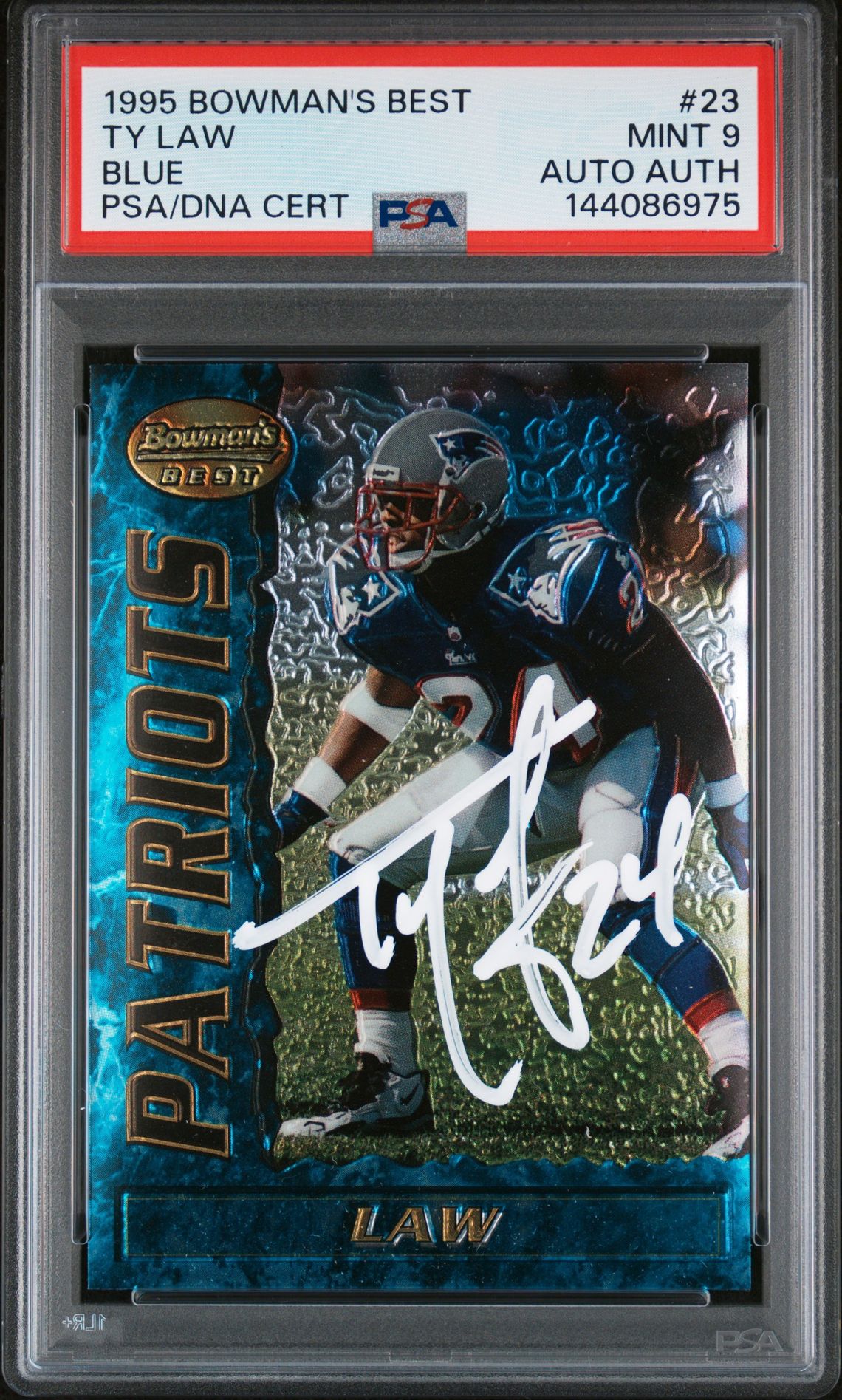 Ty Law 1995 Bowman's Best Blue New England Patriots Signed Football RC Rookie Card #23 Authentic Auto Graded PSA 9 Cert #144086975