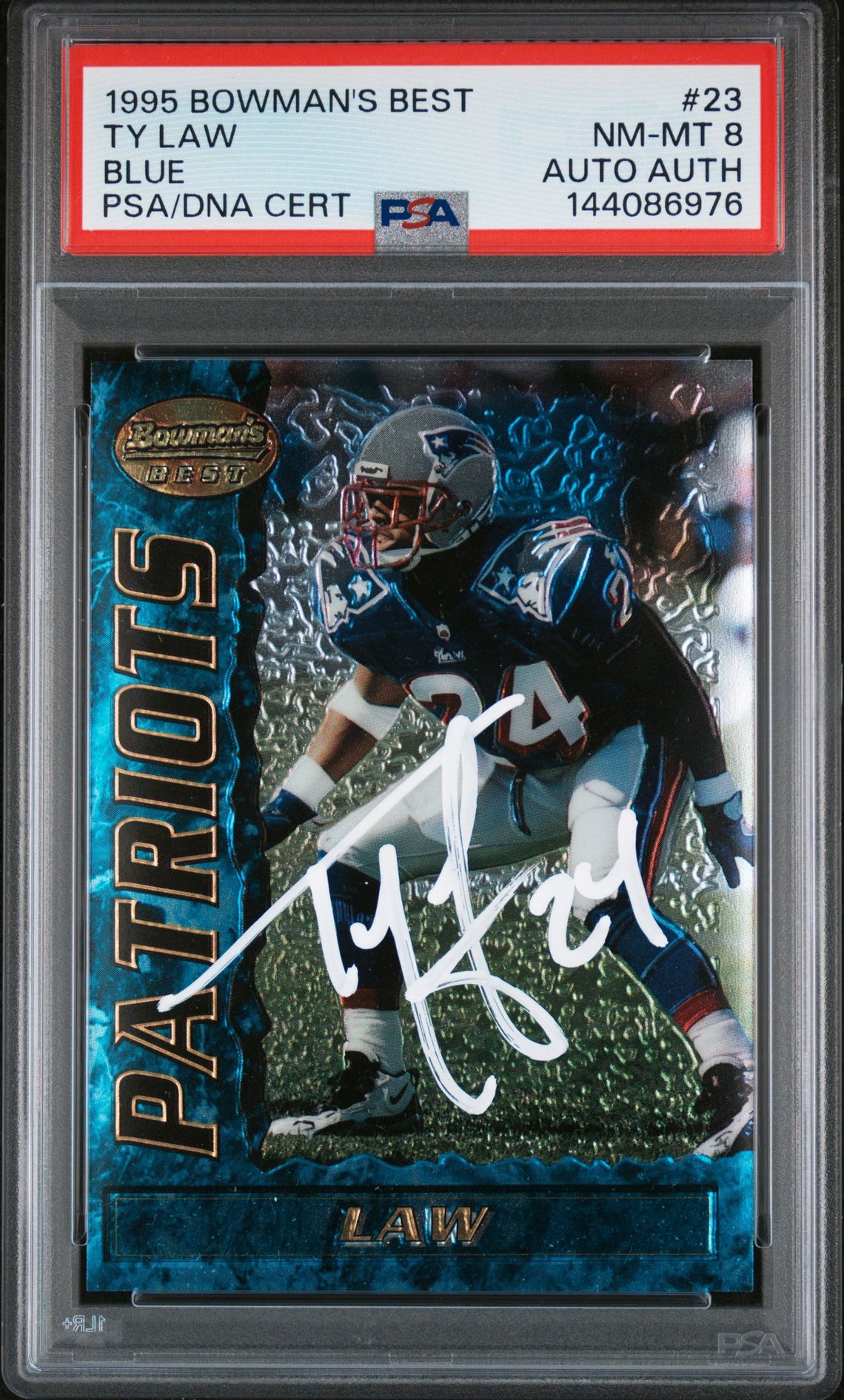 Ty Law 1995 Bowman's Best Blue New England Patriots Signed Football RC Rookie Card #23 Authentic Auto Graded PSA 8 Cert #144086976
