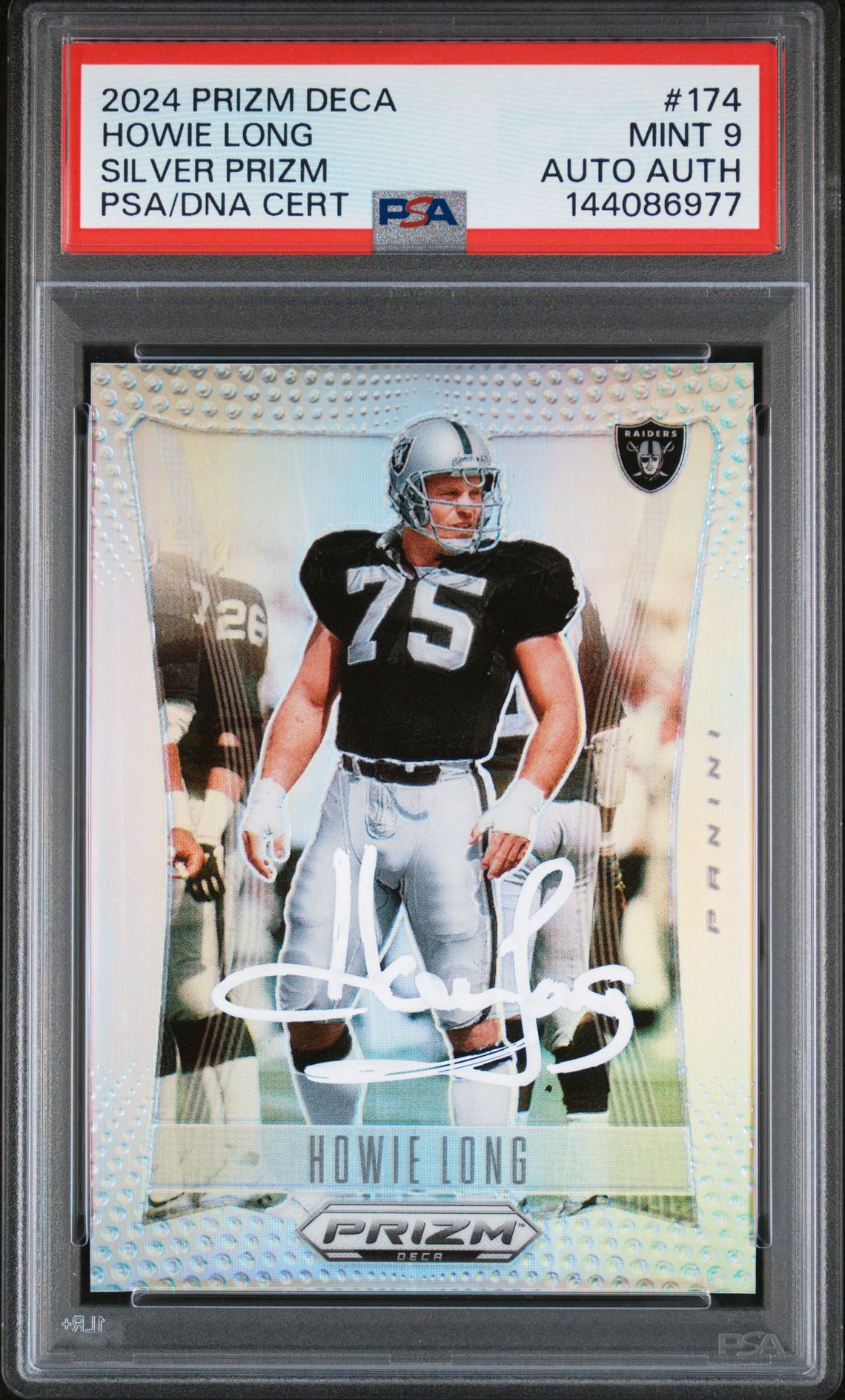 Howie Long 2024 Panini Prizm Deca Silver Oakland Raiders Signed Football Card #174 Authentic Auto Graded PSA 9 Cert #144086977