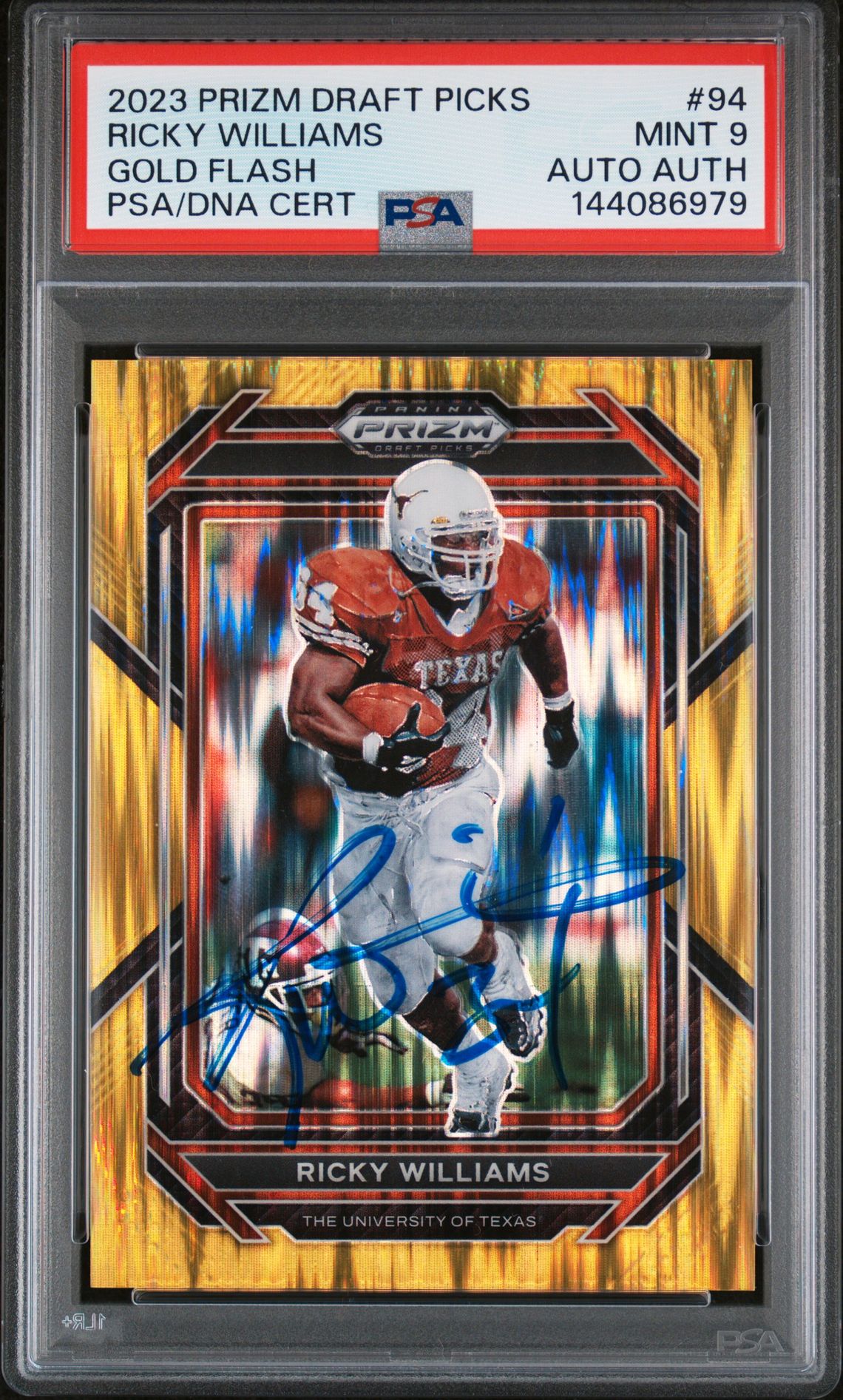 Ricky Williams 2023 Panini Prizm Draft Picks Texas Longhorns Signed Football Card #94 Gold Flash Authentic Auto Graded PSA 9 Cert #144086979 41/49