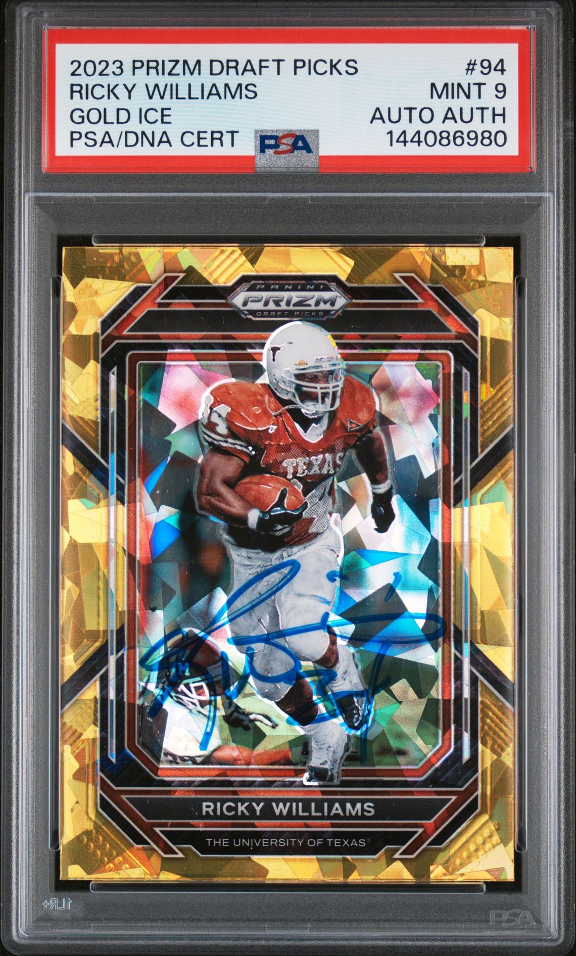 Ricky Williams 2023 Panini Prizm Draft Picks Texas Longhorns Signed Football Card #94 Gold Ice Authentic Auto Graded PSA 9 Cert #144086980