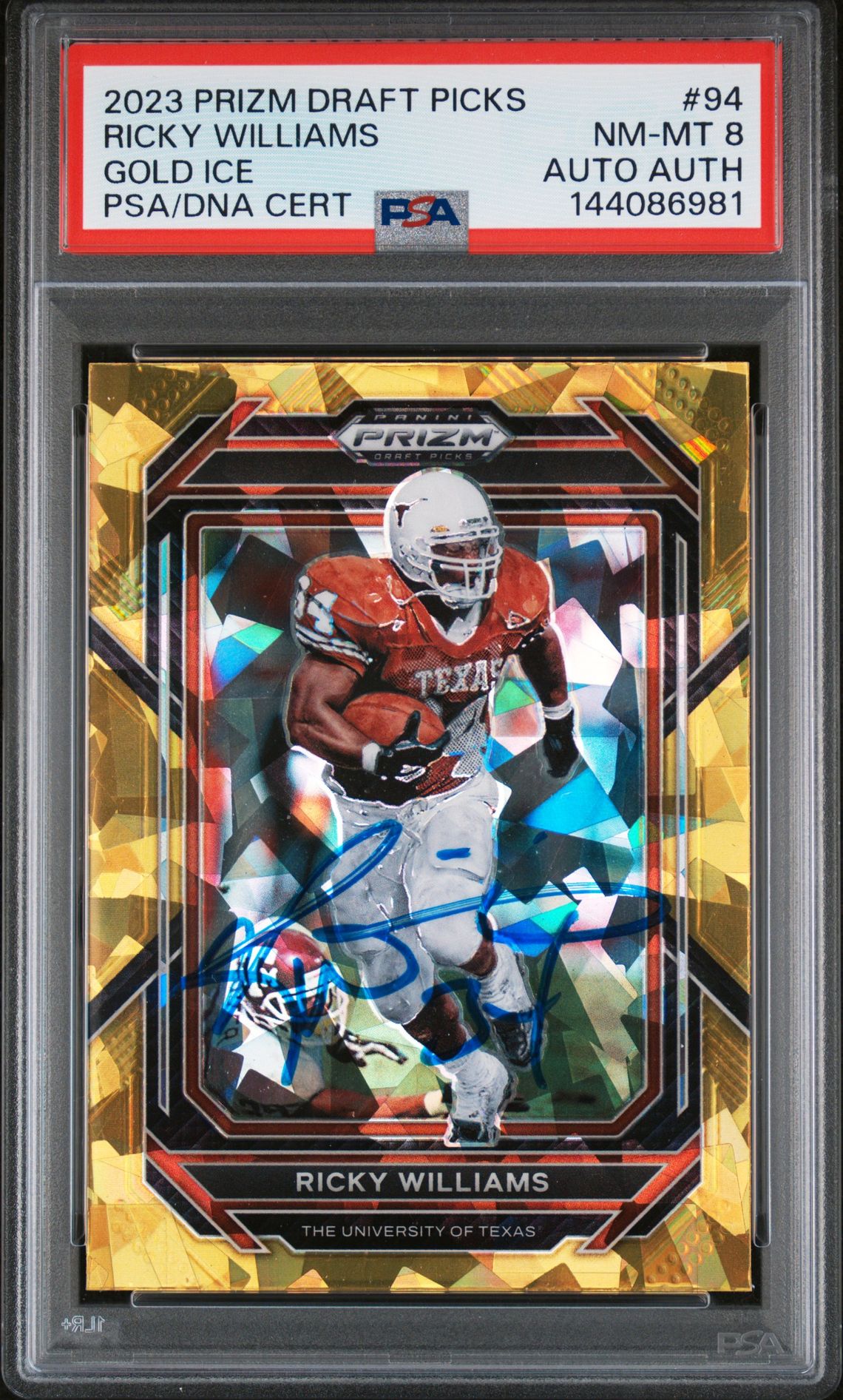 Ricky Williams 2023 Panini Prizm Draft Picks Texas Longhorns Signed Football Card #94 Gold Ice Authentic Auto Graded PSA 8 Cert #144086981