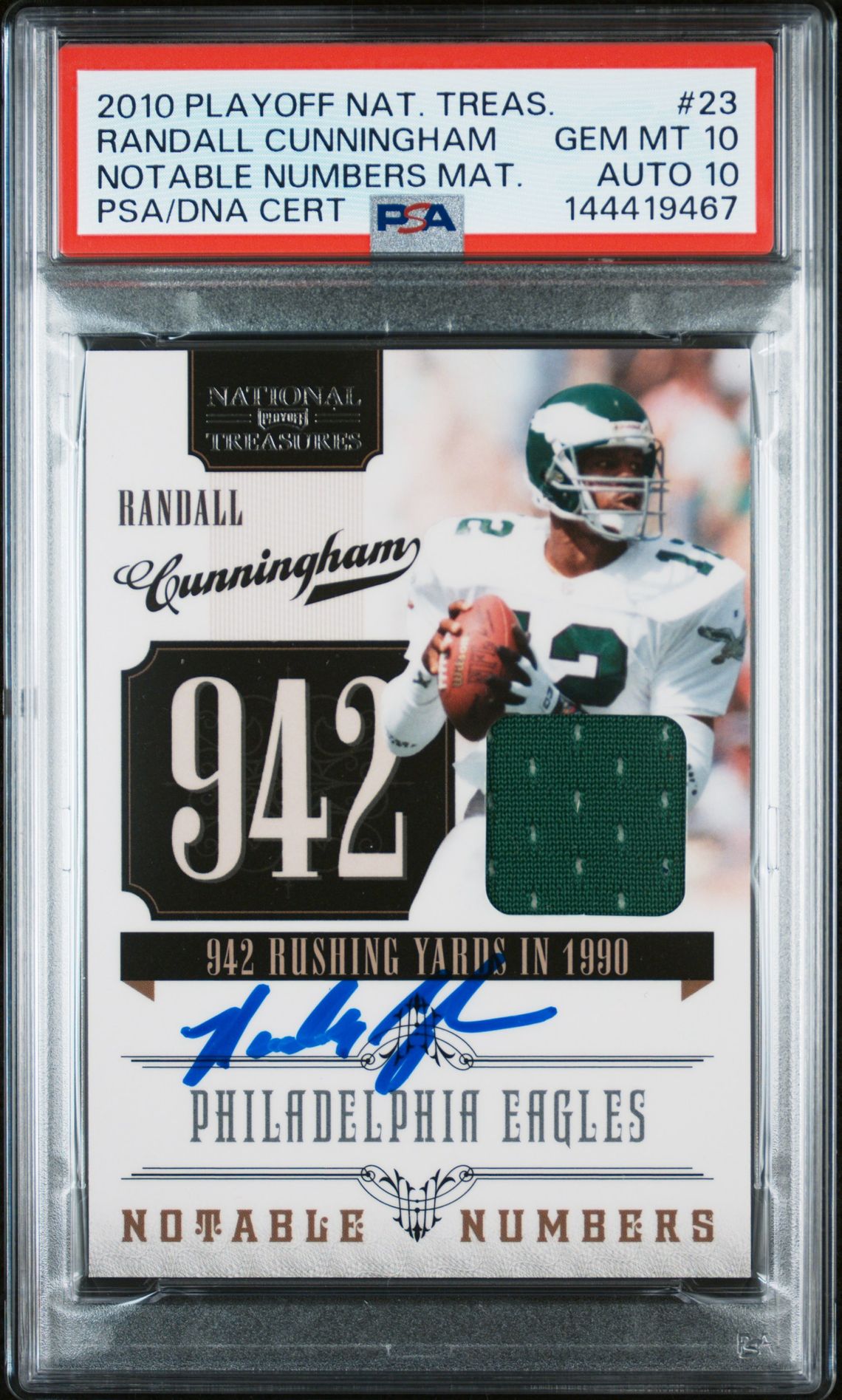 Randall Cunningham 2010 Playoff National Treasures Notable Numbers Materials Philadelphia Eagles Signed Football Jersey Game Worn Card #23 Graded PSA 10 Auto 10 Serial 45/99 Cert #144419467 Randall Cunningham 2010 Playoff National Treasures Notable Numbers Materials Philadelphia Eagles Signed Football Jersey Game Worn Card #23 Graded PSA 10 Auto 10 Serial 45/99 Cert #144419467