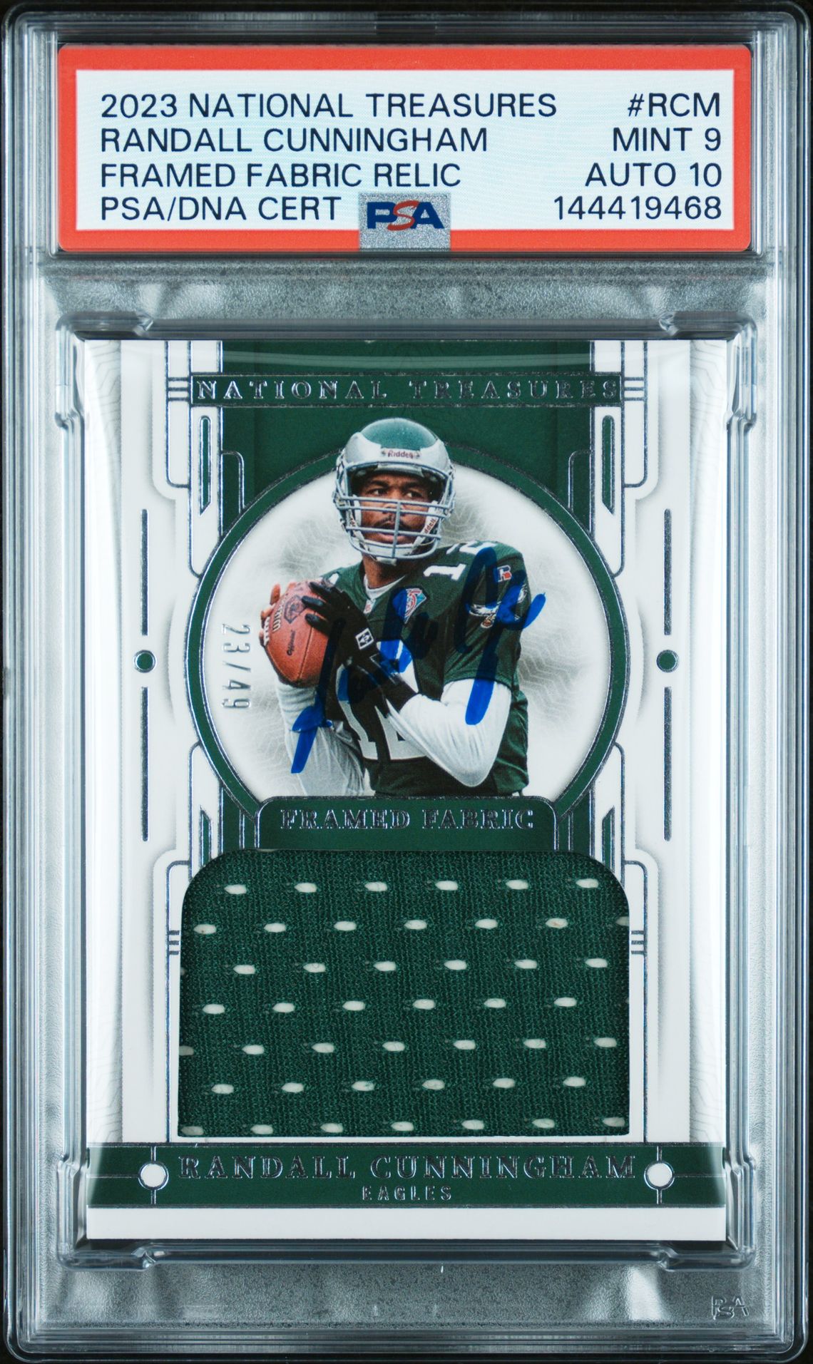 Randall Cunningham 2023 National Treasures Framed Fabric Relic Philadelphia Eagles Signed Football Jersey Used Card #RCM Graded PSA 9 Auto 10 Serial 23/49 Cert #144419468