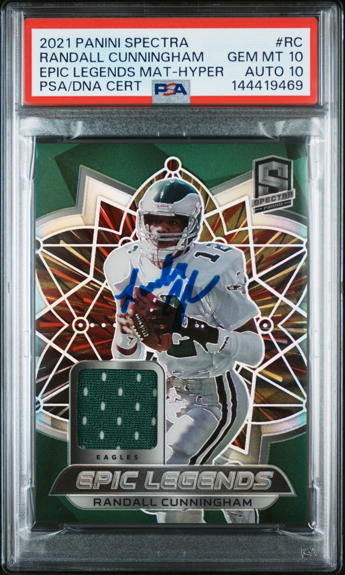 Randall Cunningham 2021 Panini Spectra Epic Legends Materials Hyper Philadelphia Eagles Signed Football Jersey Used Card #RC Graded PSA 10 Auto 10 Serial 22/75 Cert #144419469 Randall Cunningham 2021 Panini Spectra Epic Legends Materials Hyper Philadelphia Eagles Signed Football Jersey Used Card #RC Graded PSA 10 Auto 10 Serial 22/75 Cert #144419469