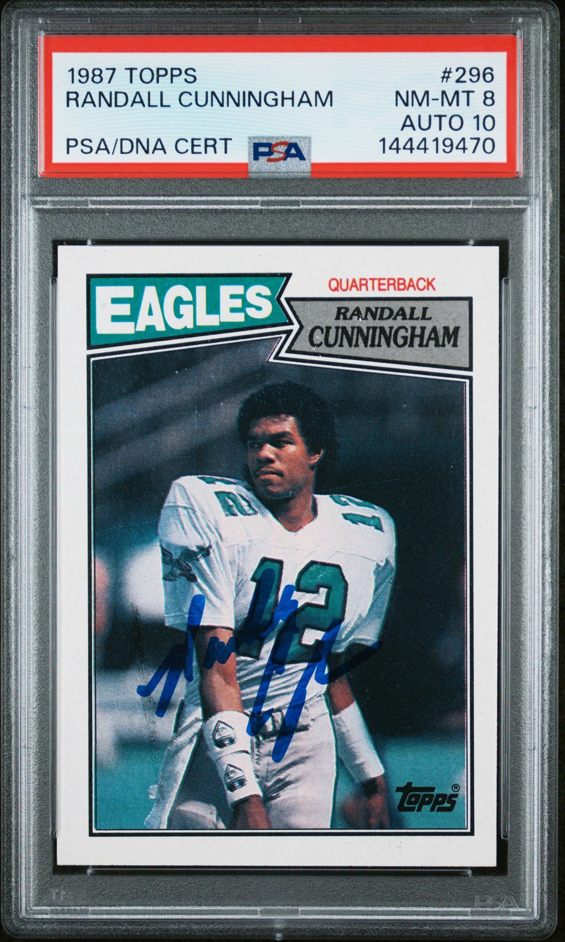 Randall Cunningham 1987 Topps Philadelphia Eagles Signed Football RC Rookie Card #296 Graded PSA 8 Auto 10 Cert #144419470 Randall Cunningham 1987 Topps Philadelphia Eagles Signed Football RC Rookie Card #296 Graded PSA 8 Auto 10 Cert #144419470