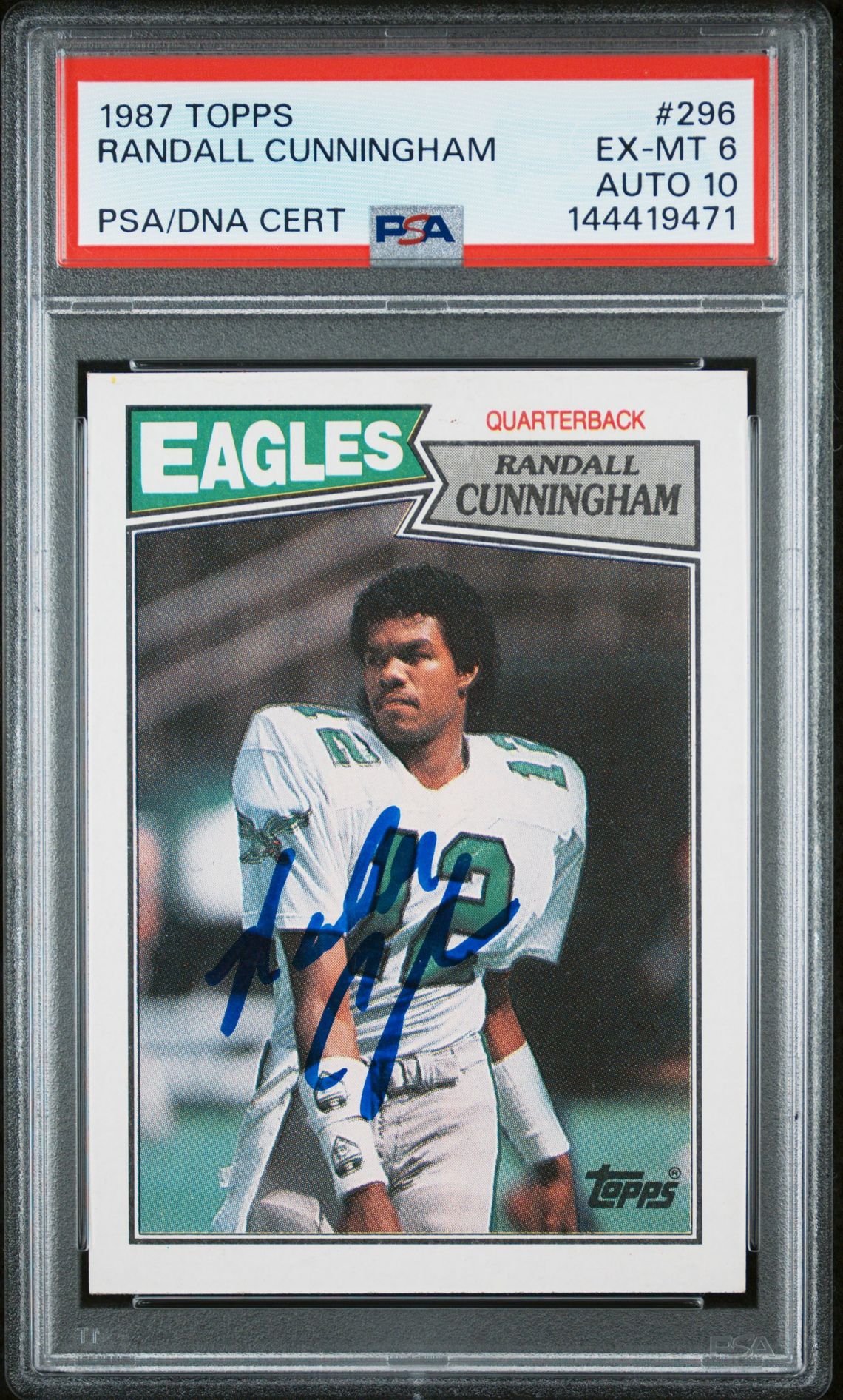 Randall Cunningham 1987 Topps Philadelphia Eagles Signed Football RC Rookie Card #296 Graded PSA 6 Auto 10 Cert #144419471 Randall Cunningham 1987 Topps Philadelphia Eagles Signed Football RC Rookie Card #296 Graded PSA 6 Auto 10 Cert #144419471
