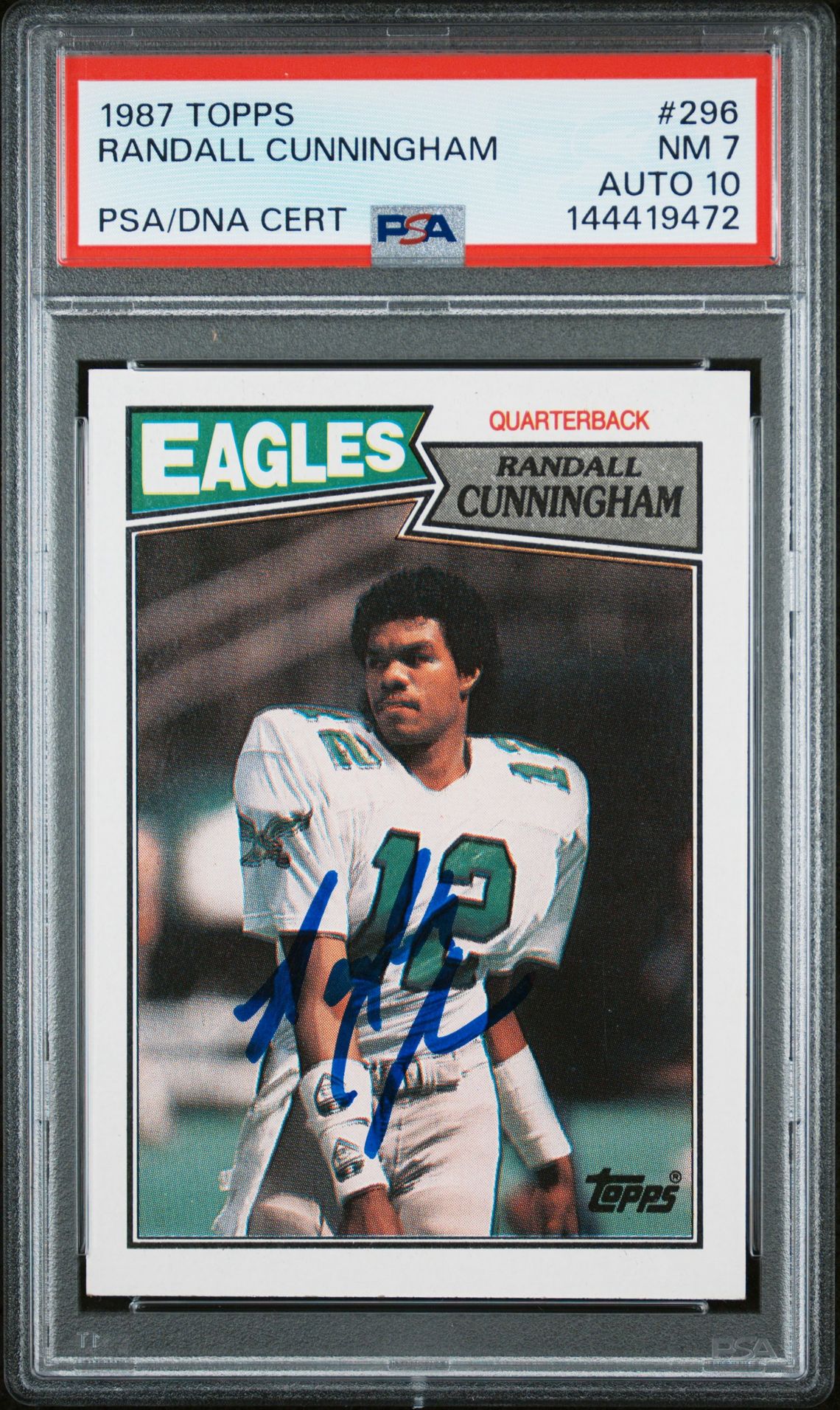 Randall Cunningham 1987 Topps Philadelphia Eagles Signed Football RC Rookie Card #296 Graded PSA 7 Auto 10 Cert #144419472 Randall Cunningham 1987 Topps Philadelphia Eagles Signed Football RC Rookie Card #296 Graded PSA 7 Auto 10 Cert #144419472