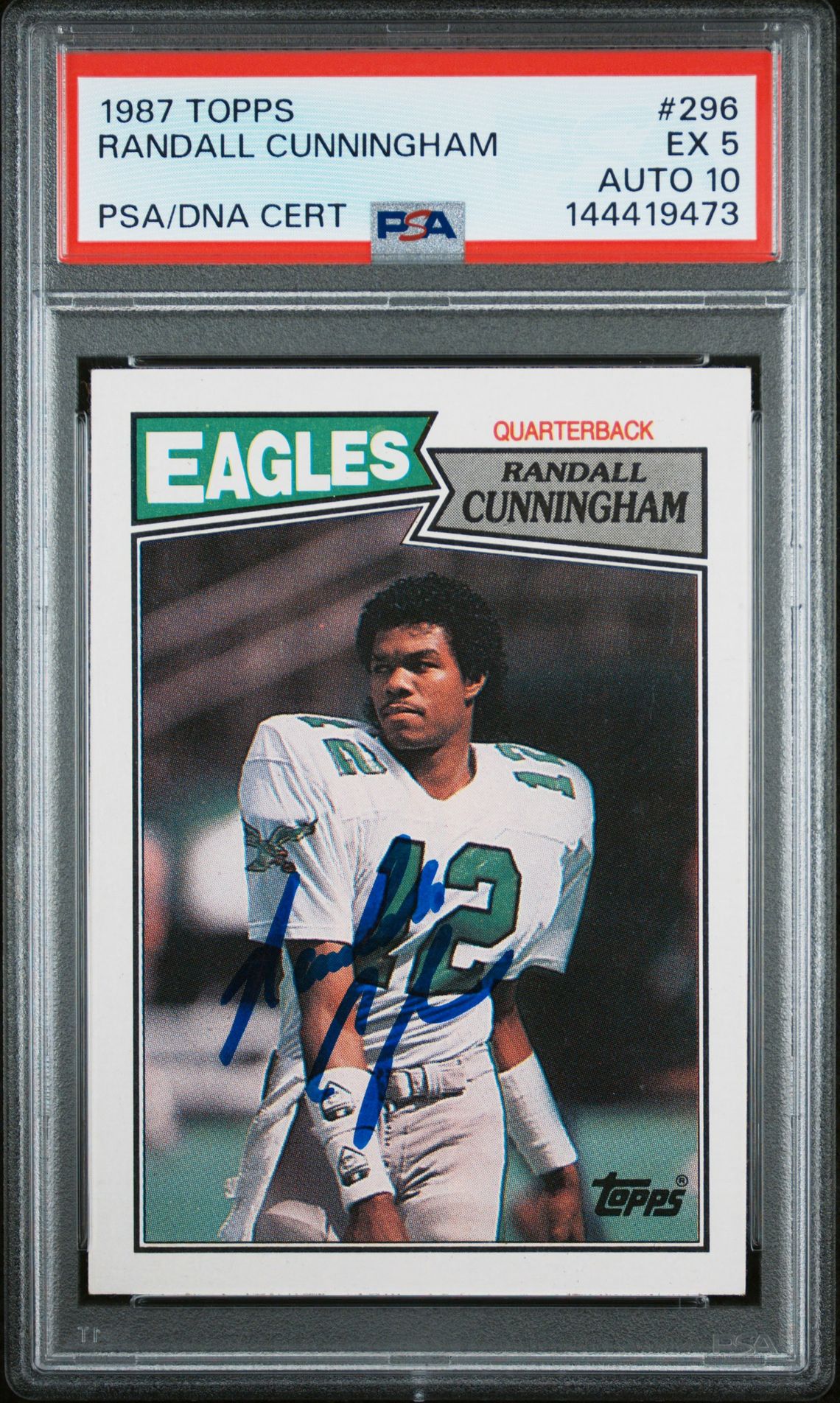 Randall Cunningham 1987 Topps Philadelphia Eagles Signed Football RC Rookie Card #296 Graded PSA 5 Auto 10 Cert #144419473