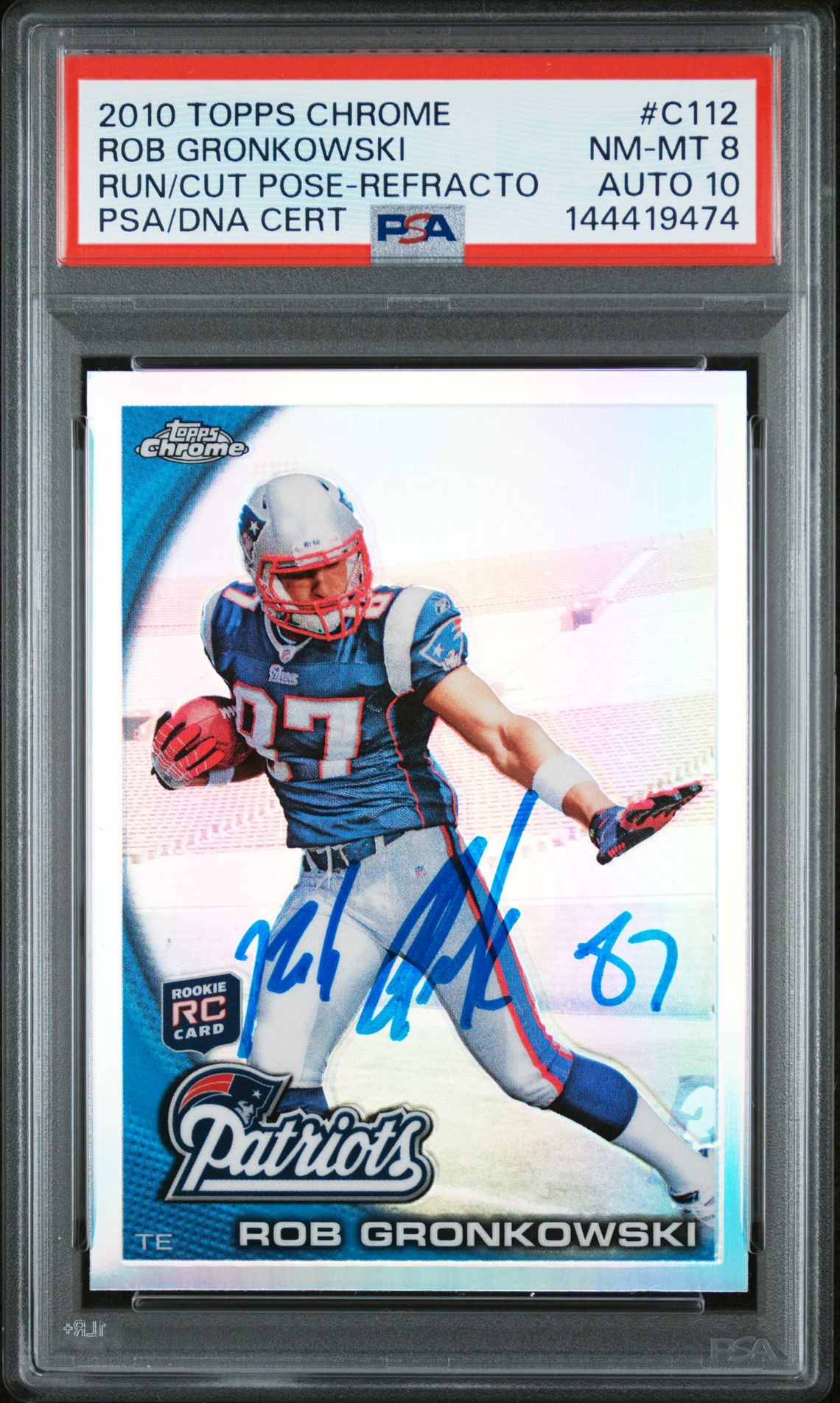 Rob Gronkowski 2010 Topps Chrome Refractor New England Patriots Signed Football RC Rookie Card #C112 Graded PSA 8 Auto 10 Cert #144419474