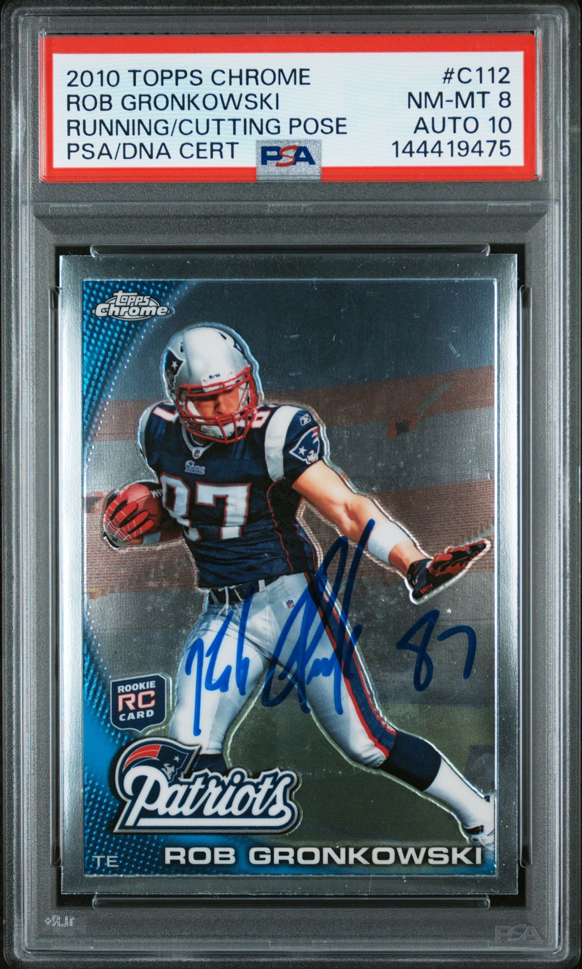 Rob Gronkowski 2010 Topps Chrome Running Cutting Pose New England Patriots Signed Football RC Rookie Card #C112 Graded PSA 8 Auto 10 Cert #144419475