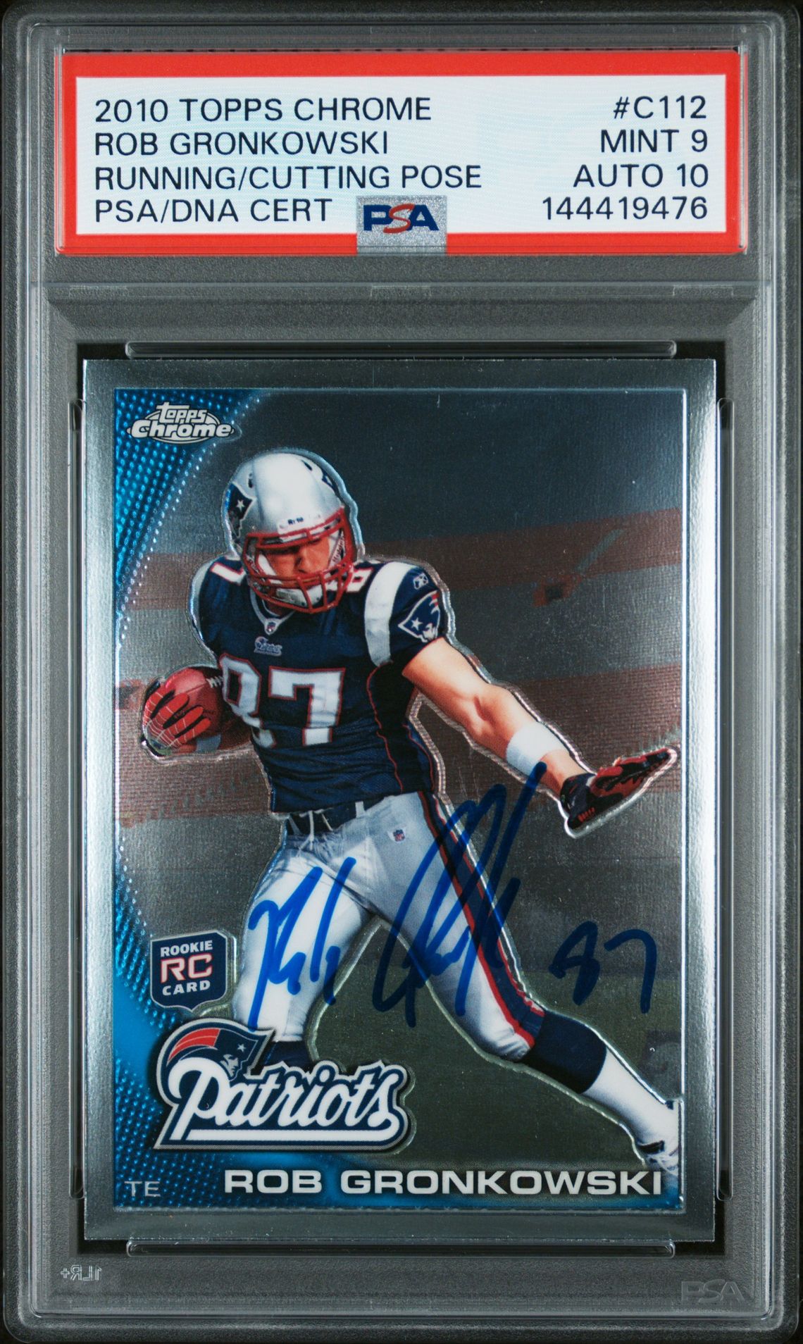 Rob Gronkowski 2010 Topps Chrome Running Cutting Pose New England Patriots Signed Football RC Rookie Card #C112 Graded PSA 9 Auto 10 Cert #144419476