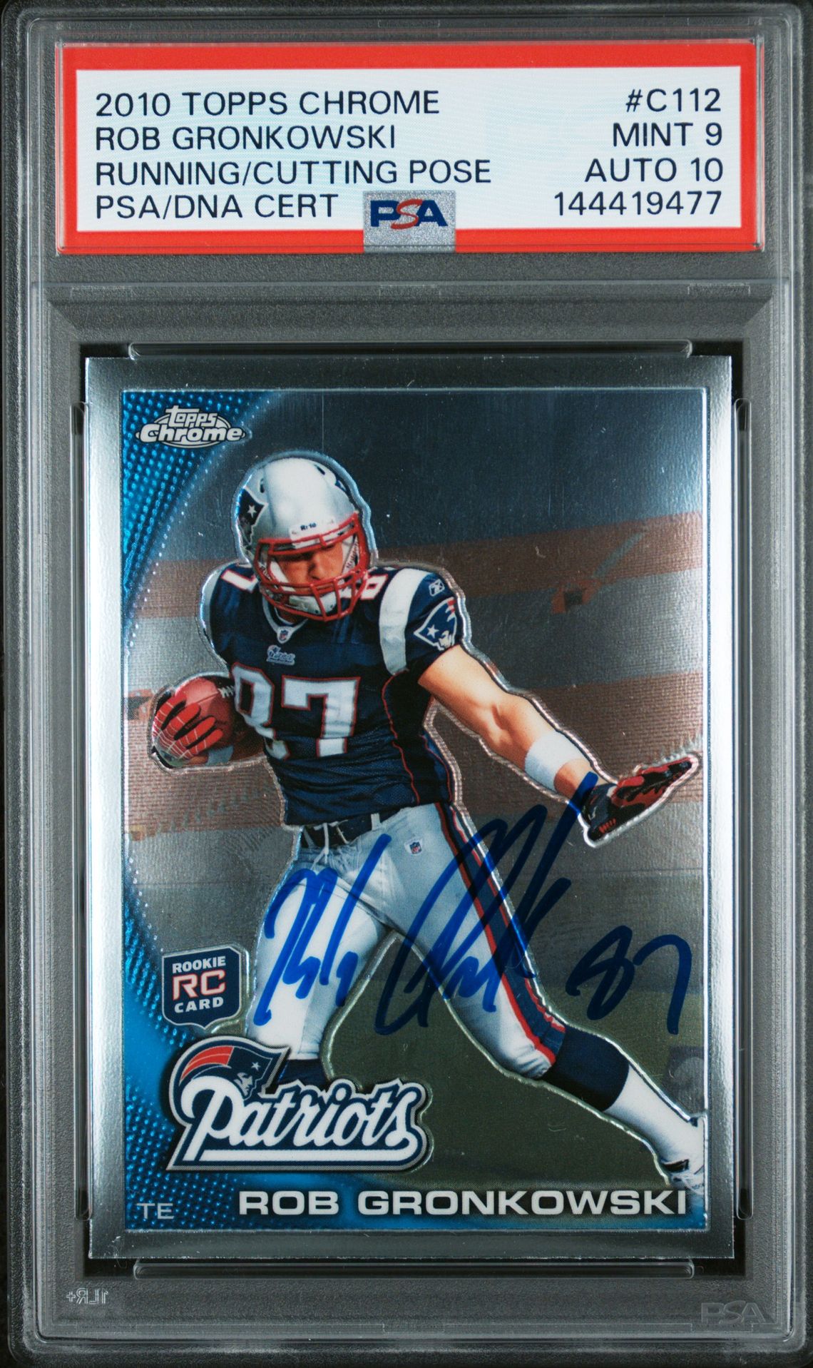 Rob Gronkowski 2010 Topps Chrome Running Cutting Pose New England Patriots Signed Football RC Rookie Card #C112 Graded PSA 9 Auto 10 Cert #144419477