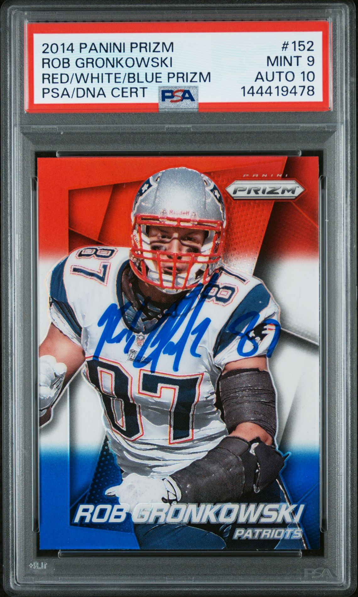 Rob Gronkowski 2014 Panini Prizm Red White Blue New England Patriots Signed Football Card #152 Graded PSA 9 Auto 10 Cert #144419478