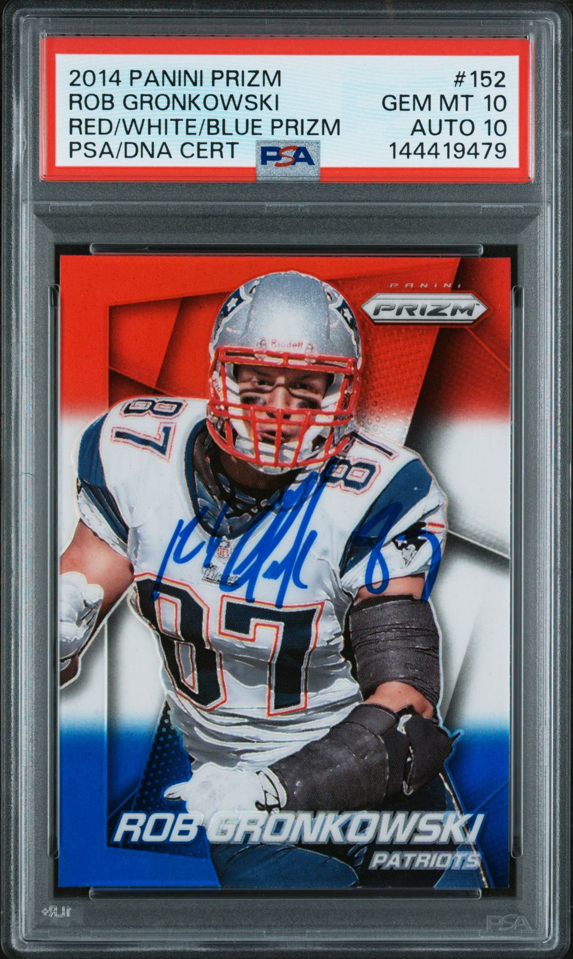 Rob Gronkowski 2014 Panini Prizm Red White Blue New England Patriots Signed Football Card #152 Graded PSA 10 Auto 10 Cert #144419479