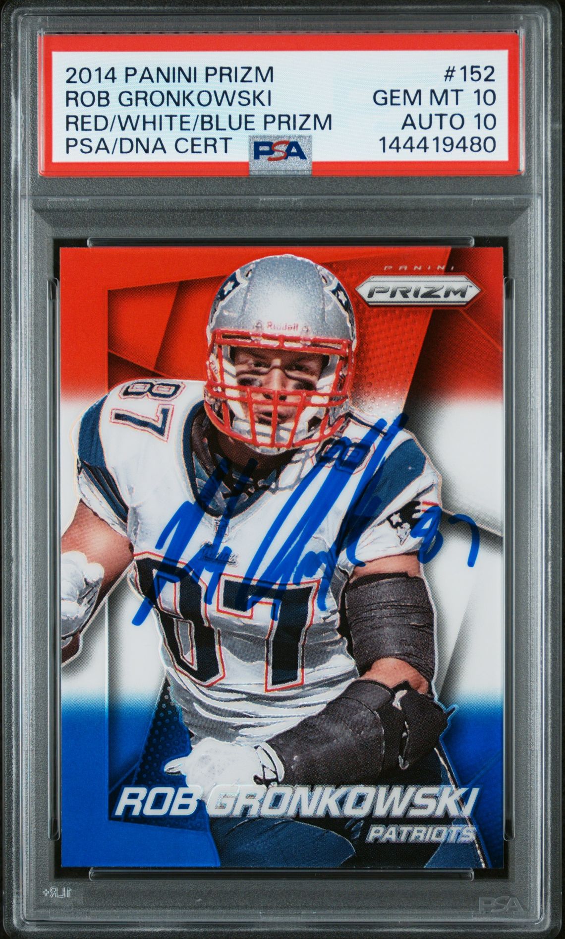 Rob Gronkowski 2014 Panini Prizm Red White Blue New England Patriots Signed Football Card #152 Graded PSA 10 Auto 10 Cert #144419480
