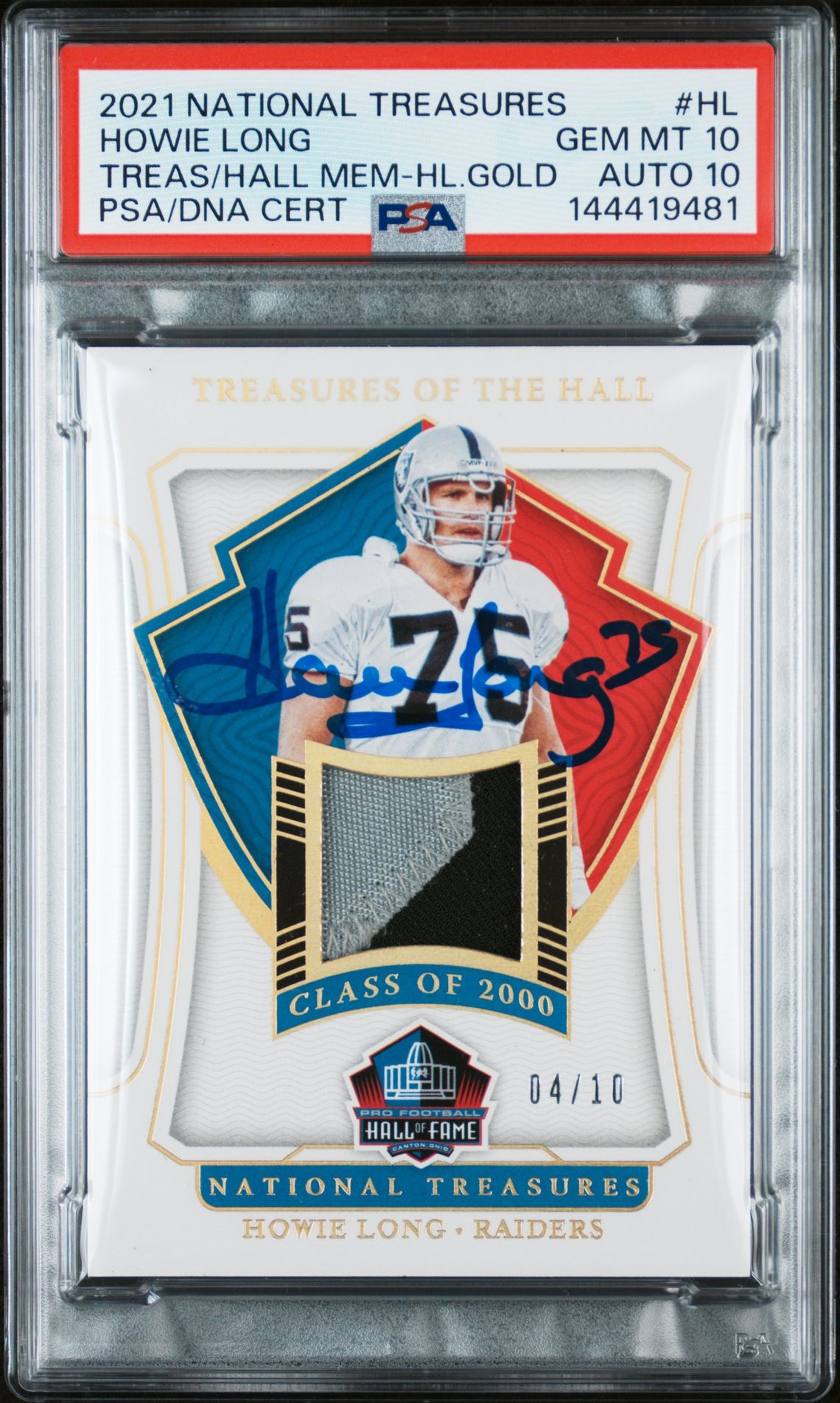 Howie Long 2021 National Treasures of the Hall Gold Oakland Raiders Signed Patch Football Jersey Used Card #HL Graded PSA 10 Auto 10 Serial 4/10 Cert #144419481