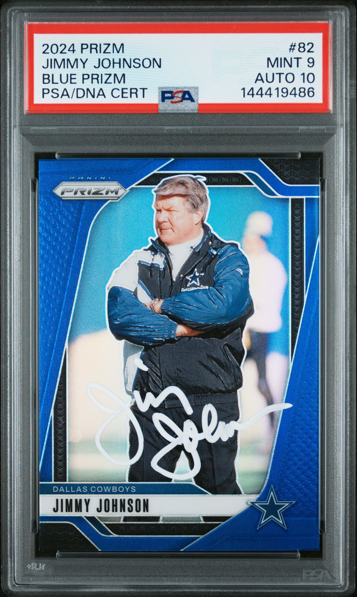 Jimmy Johnson 2024 Panini Prizm Blue Dallas Cowboys Signed Football Card #82 Graded PSA 9 Auto 10 Cert #144419486