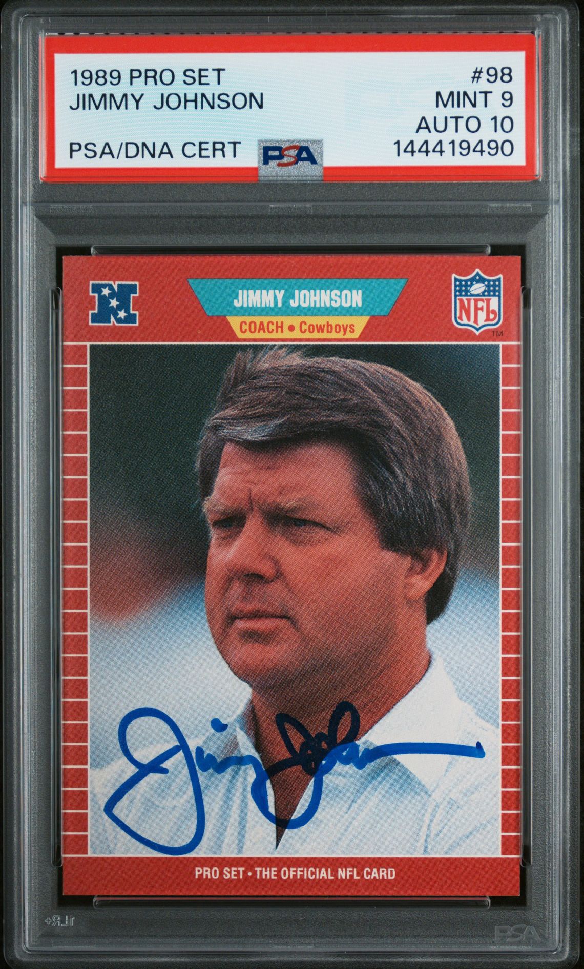 Jimmy Johnson 1989 Pro Set Dallas Cowboys Signed Football RC Rookie Card #98 Graded PSA 9 Auto 10 Cert #144419490 Jimmy Johnson 1989 Pro Set Dallas Cowboys Signed Football RC Rookie Card #98 Graded PSA 9 Auto 10 Cert #144419490