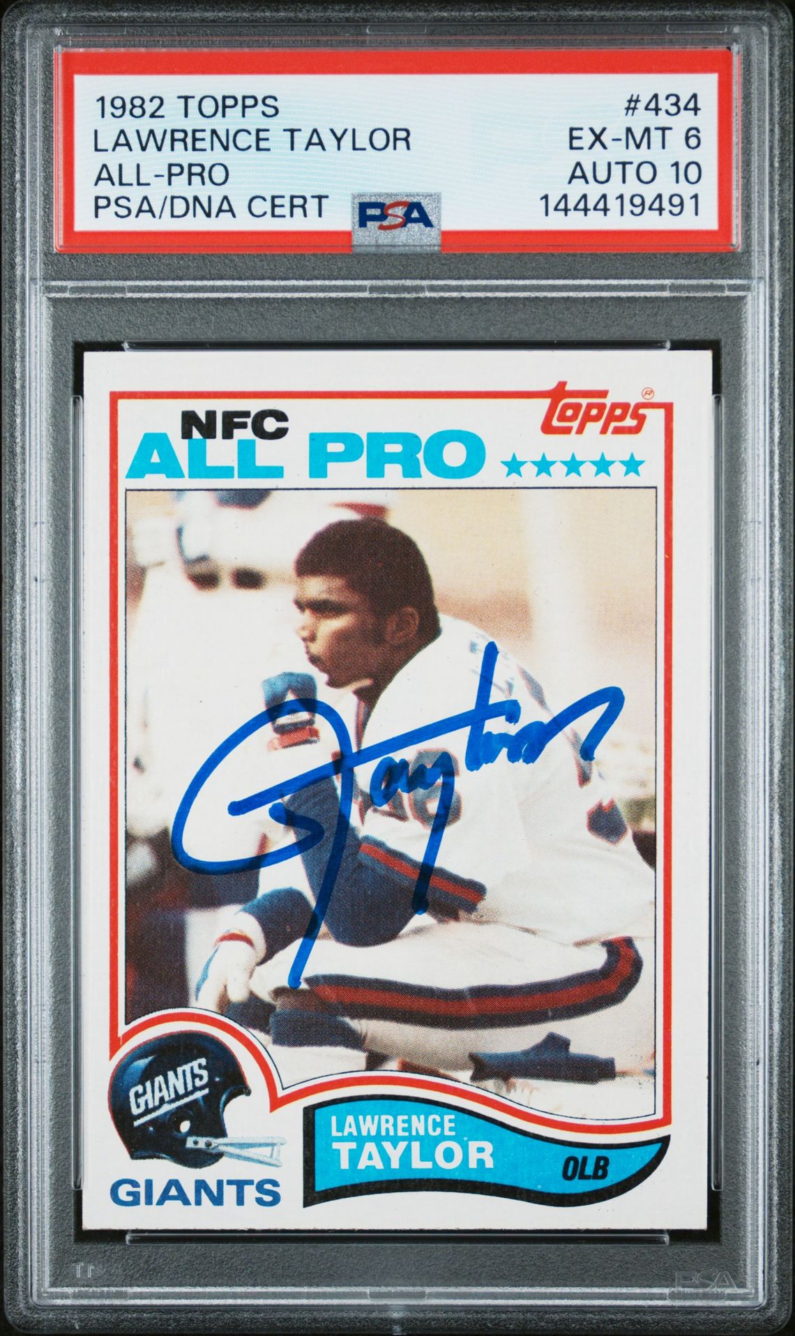 Lawrence Taylor 1982 Topps All-Pro New York Giants Signed Football RC Rookie Card #434 Graded PSA 6 Auto 10 Cert #144419491 Lawrence Taylor 1982 Topps All-Pro New York Giants Signed Football RC Rookie Card #434 Graded PSA 6 Auto 10 Cert #144419491
