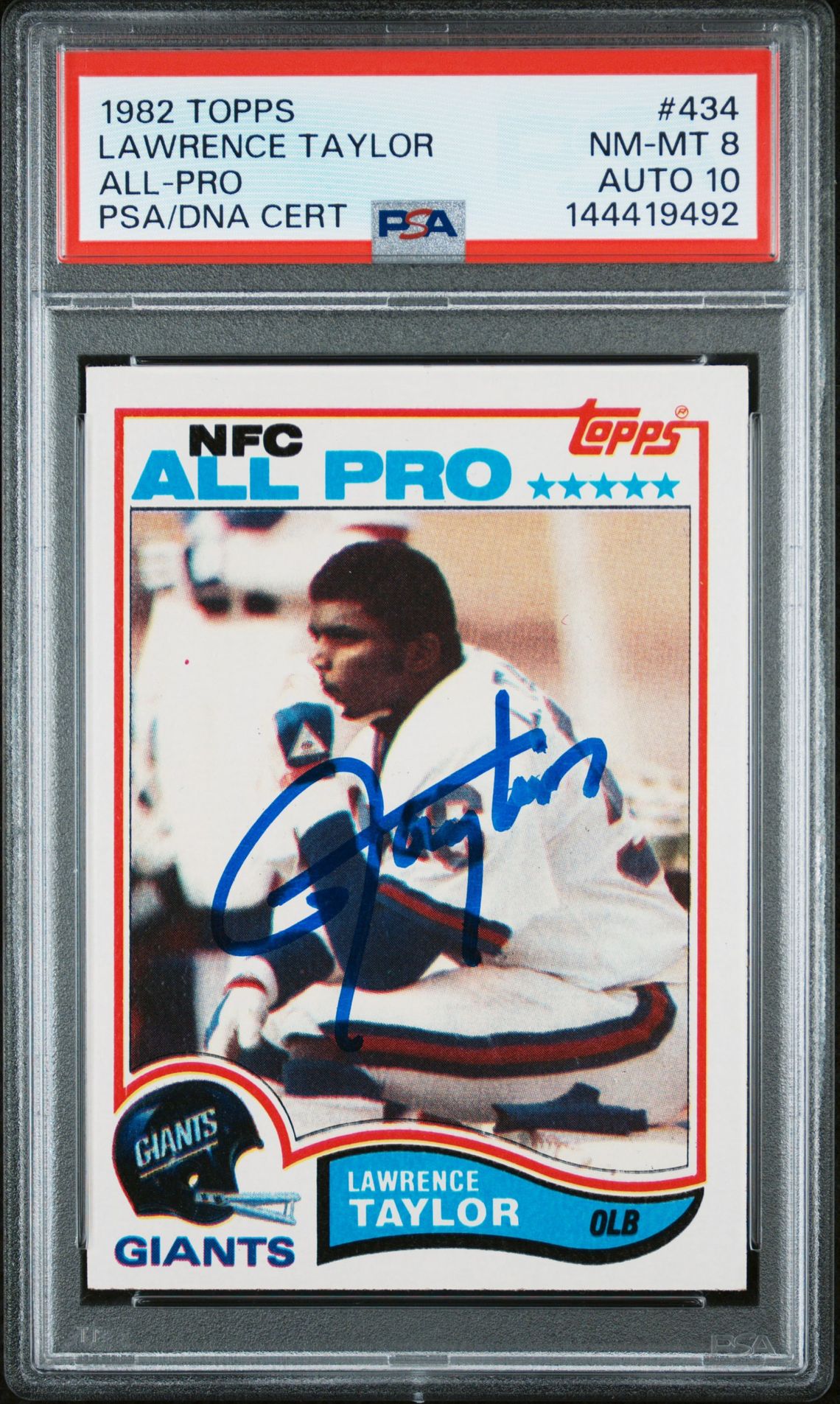 Lawrence Taylor 1982 Topps All-Pro New York Giants Signed Football RC Rookie Card #434 Graded PSA 8 Auto 10 Cert #144419492 Lawrence Taylor 1982 Topps All-Pro New York Giants Signed Football RC Rookie Card #434 Graded PSA 8 Auto 10 Cert #144419492