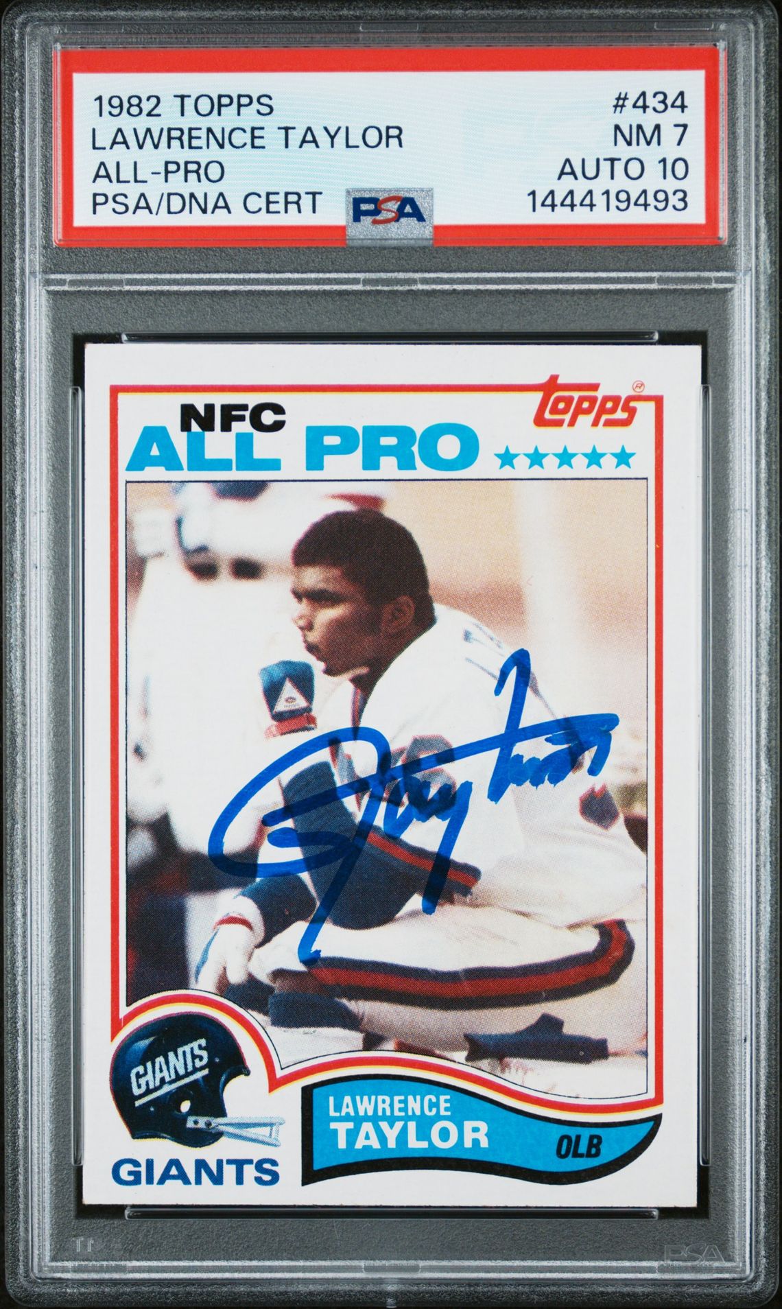 Lawrence Taylor 1982 Topps All-Pro New York Giants Signed Football RC Rookie Card #434 Graded PSA 7 Auto 10 Cert #144419493 Lawrence Taylor 1982 Topps All-Pro New York Giants Signed Football RC Rookie Card #434 Graded PSA 7 Auto 10 Cert #144419493
