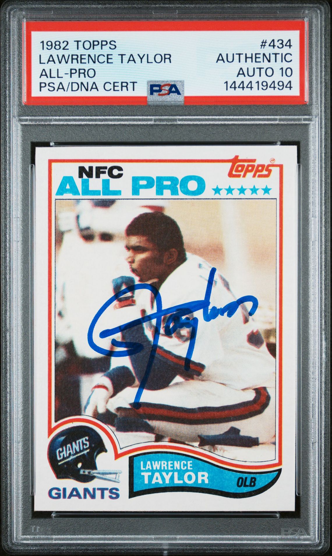 Lawrence Taylor 1982 Topps All-Pro New York Giants Signed Football RC Rookie Card #434 Graded PSA Authentic Auto 10 Cert #144419494 Lawrence Taylor 1982 Topps All-Pro New York Giants Signed Football RC Rookie Card #434 Graded PSA Authentic Auto 10 Cert #144419494