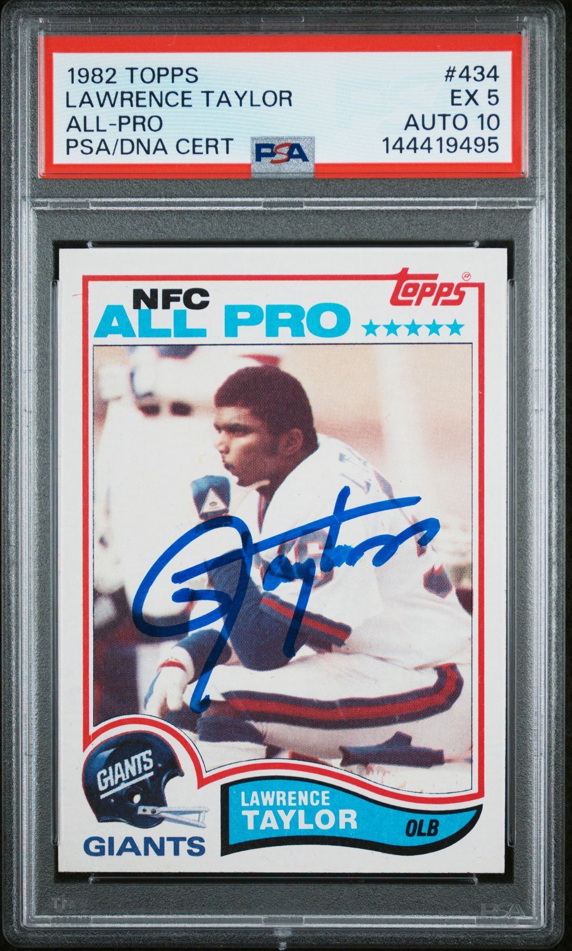 Lawrence Taylor 1982 Topps All-Pro New York Giants Signed Football RC Rookie Card #434 Graded PSA 5 Auto 10 Cert #144419495 Lawrence Taylor 1982 Topps All-Pro New York Giants Signed Football RC Rookie Card #434 Graded PSA 5 Auto 10 Cert #144419495