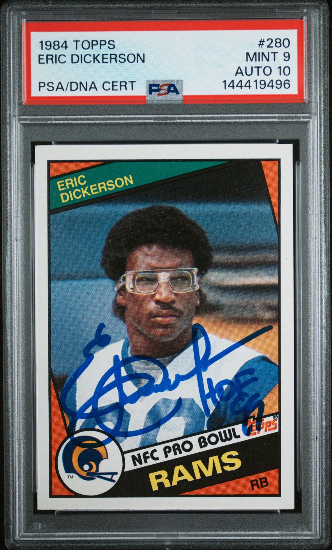 Eric Dickerson 1984 Topps Los Angeles Rams Signed Football RC Rookie Card #280 Graded PSA 9 Auto 10 Cert #144419496 Eric Dickerson 1984 Topps Los Angeles Rams Signed Football RC Rookie Card #280 Graded PSA 9 Auto 10 Cert #144419496