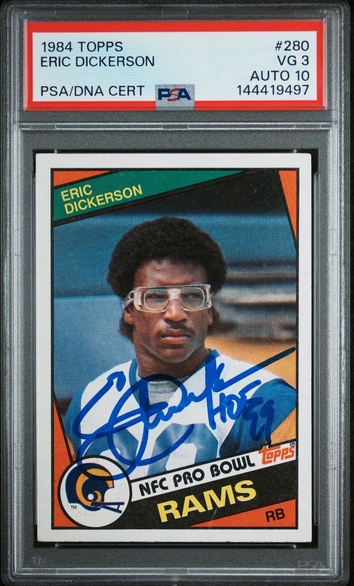 Eric Dickerson 1984 Topps Los Angeles Rams Signed Football RC Rookie Card #280 Graded PSA 3 Auto 10 Cert #144419497 Eric Dickerson 1984 Topps Los Angeles Rams Signed Football RC Rookie Card #280 Graded PSA 3 Auto 10 Cert #144419497