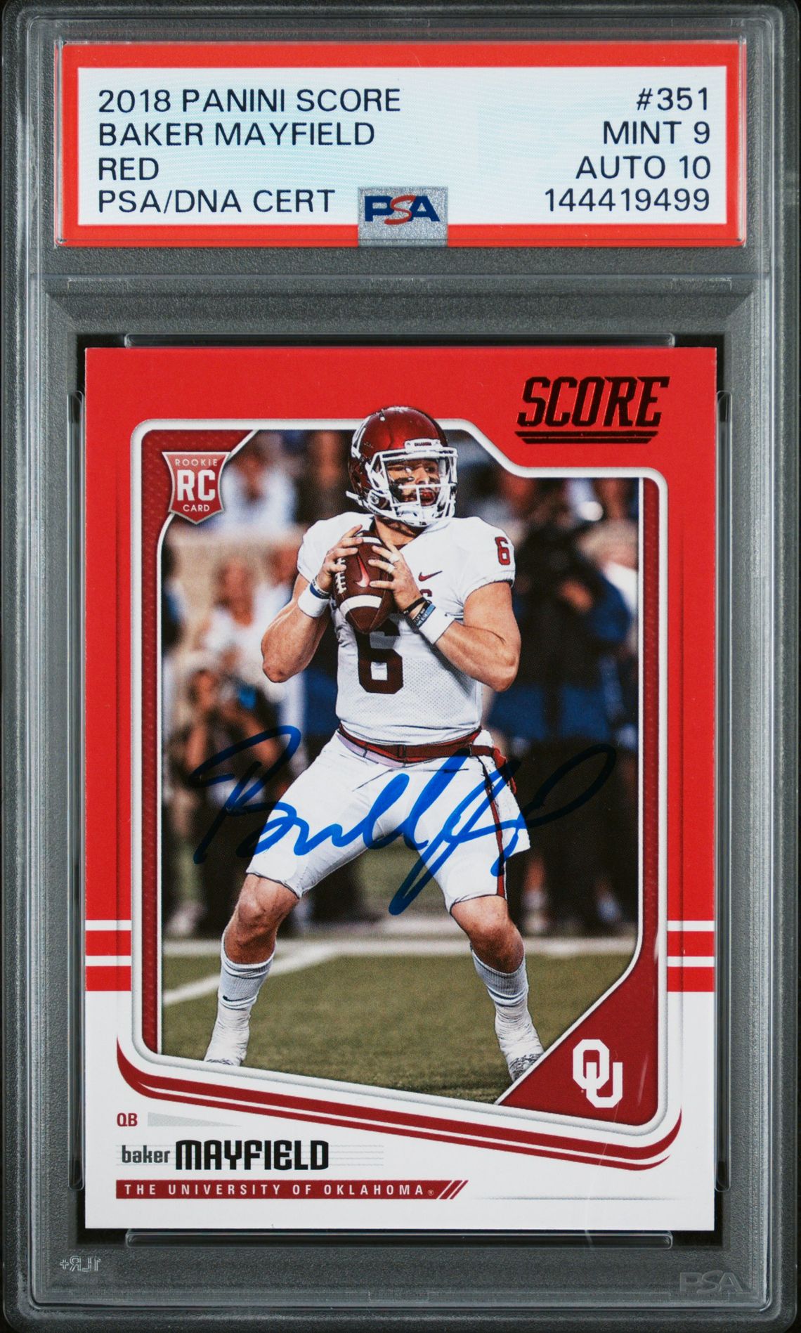 Baker Mayfield 2018 Panini Score Red Oklahoma Sooners Signed Football RC Rookie Card #351 Graded PSA 9 Auto 10 Cert #144419499