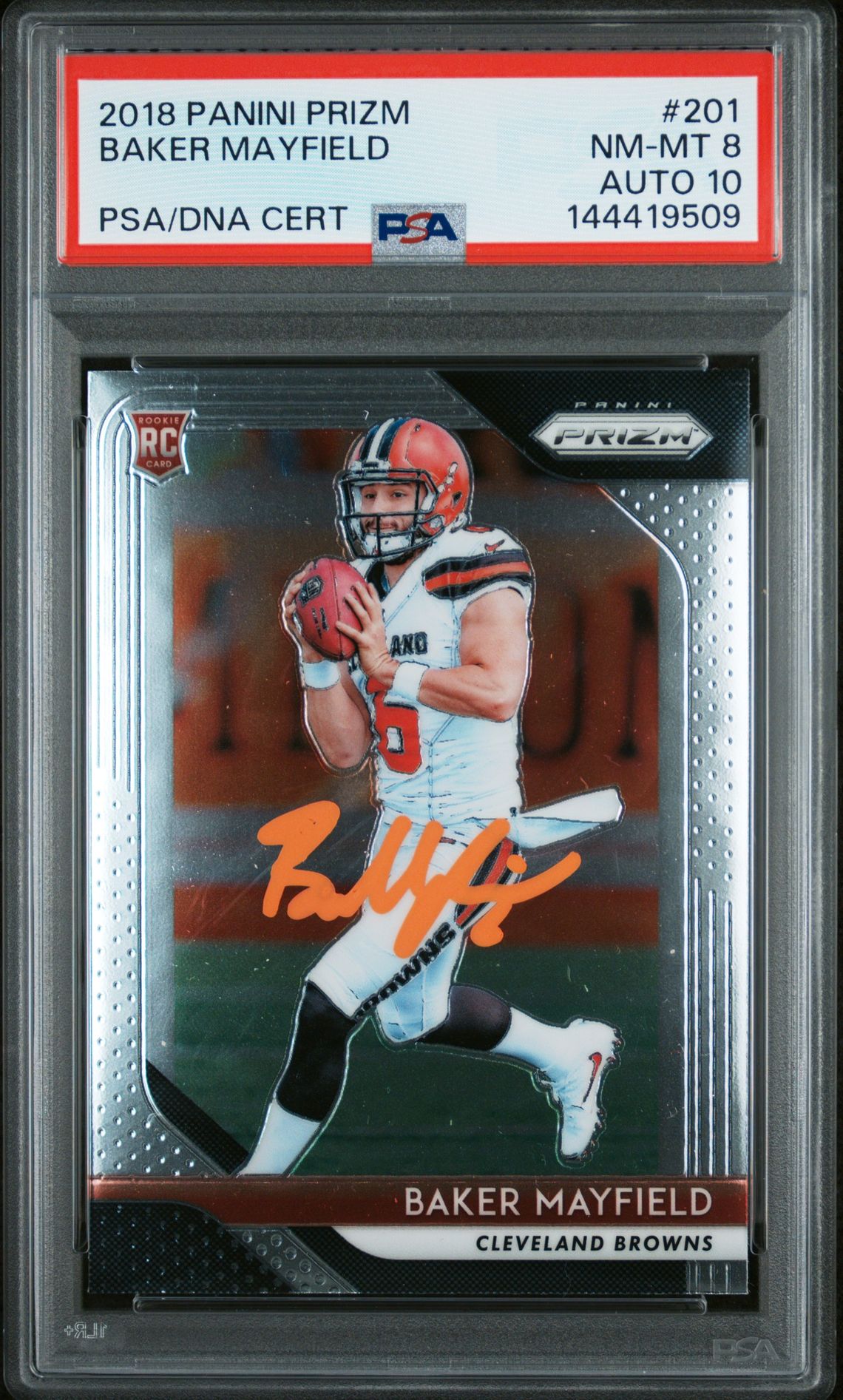 Baker Mayfield 2018 Panini Prizm Cleveland Browns Signed Football RC Rookie Card #201 Graded PSA 8 Auto 10 Cert #144419509