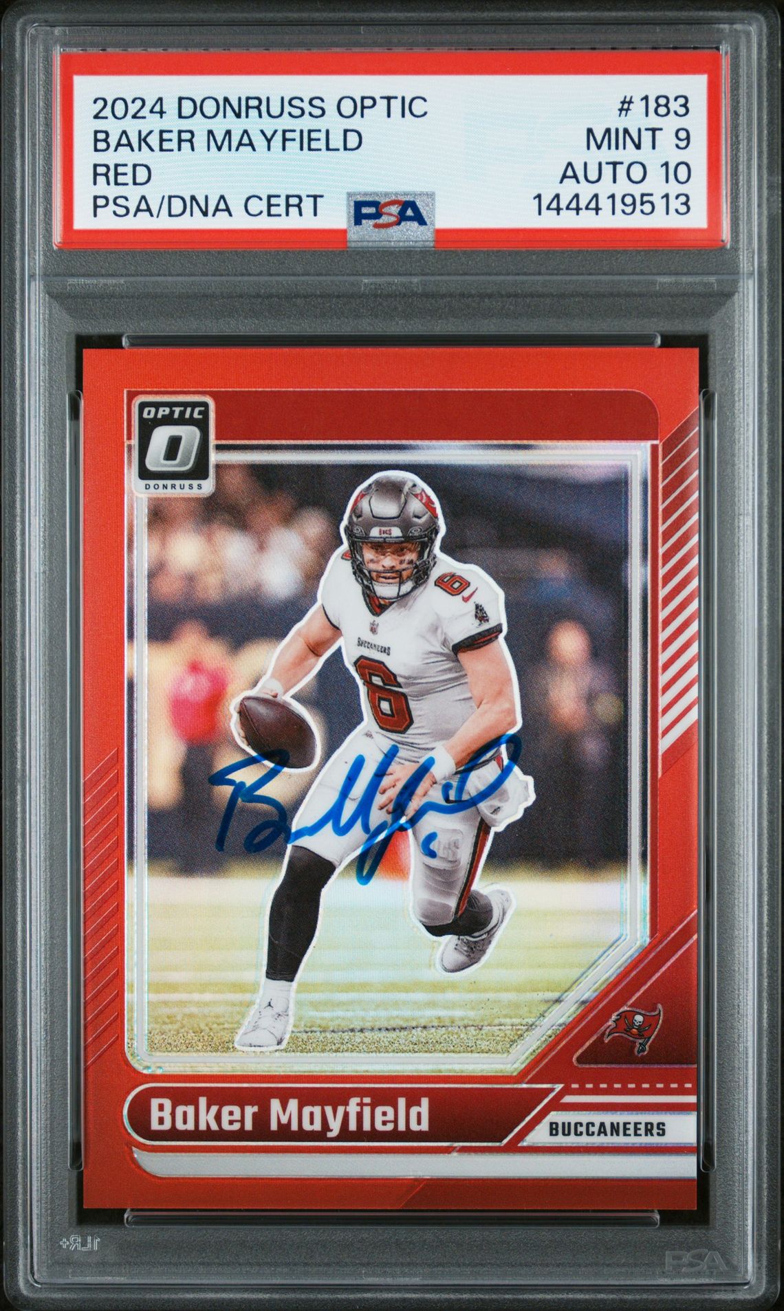 Baker Mayfield 2024 Donruss Optic Red Tampa Bay Buccaneers Signed Football Card #183 Serial 117/125 Graded PSA 9 Auto 10 Cert #144419513