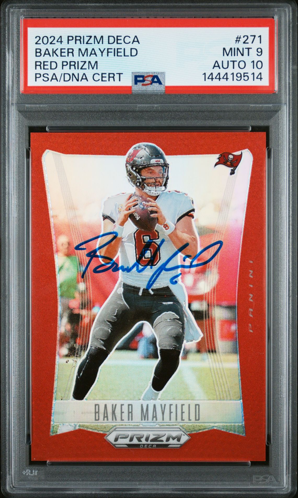 Baker Mayfield 2024 Prizm Deca Red Tampa Bay Buccaneers Signed Football Card #271 Serial 152/199 Graded PSA 9 Auto 10 Cert #144419514