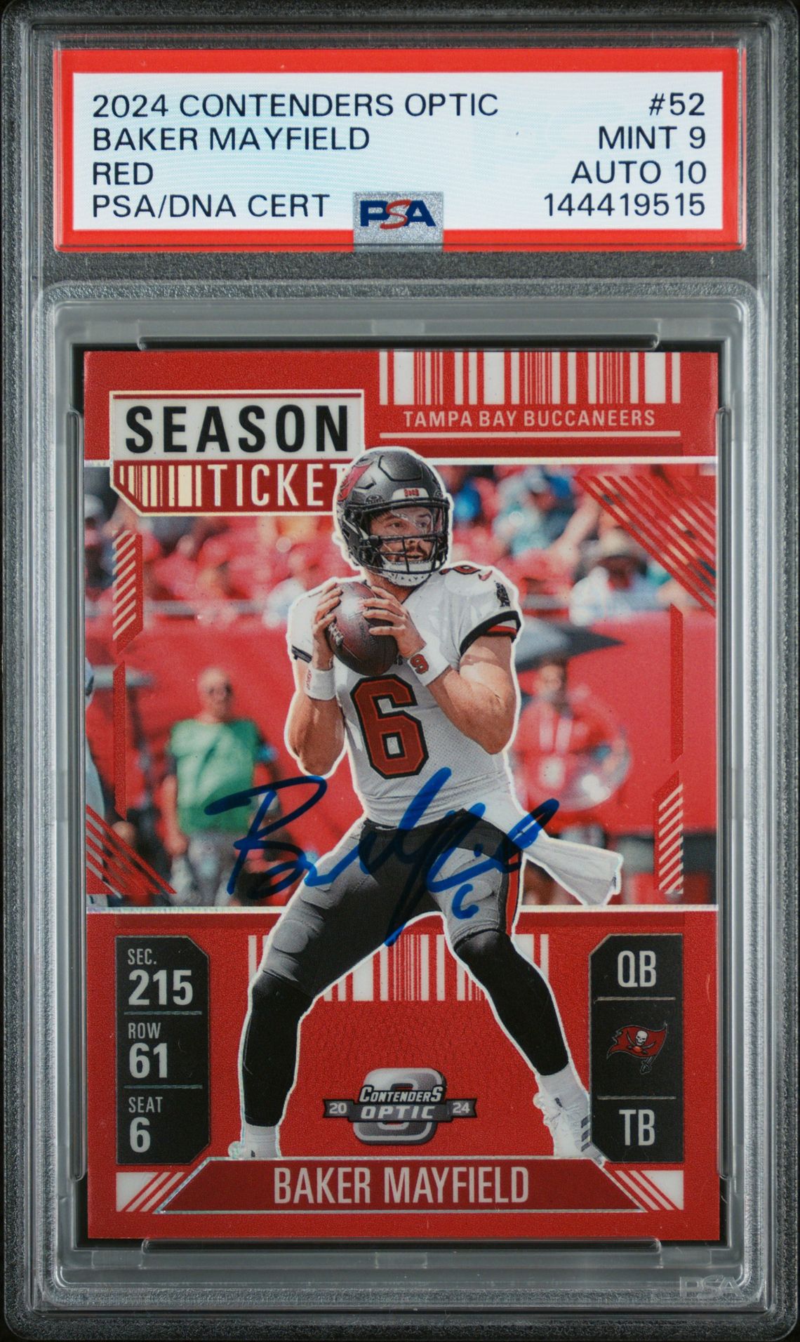 Baker Mayfield 2024 Contenders Optic Red Tampa Bay Buccaneers Signed Football Card #52 Serial 198/199 Graded PSA 9 Auto 10 Cert #144419515