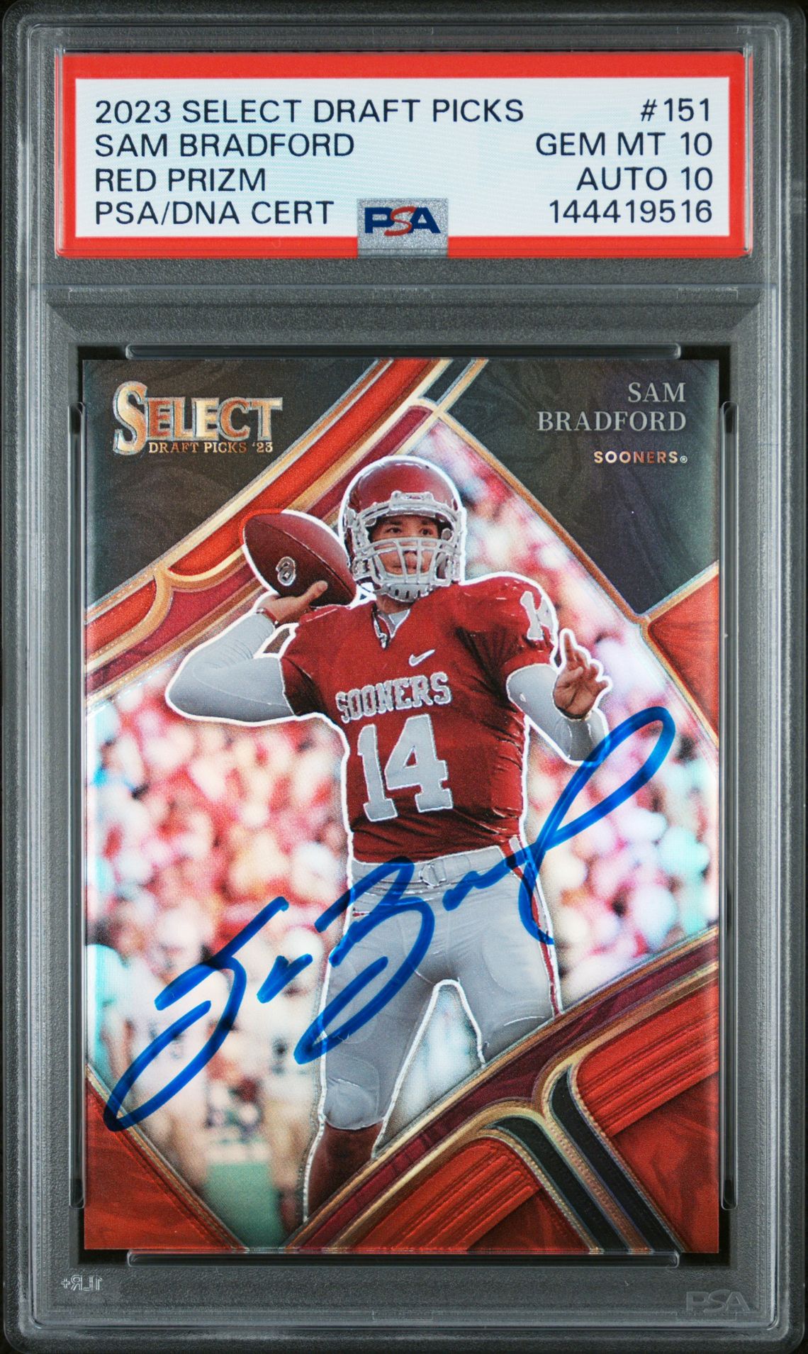 Sam Bradford 2023 Select Draft Picks Red Prizm Oklahoma Sooners Signed Football Card #151 Serial 36/149 Graded PSA 10 Auto 10 Cert #144419516