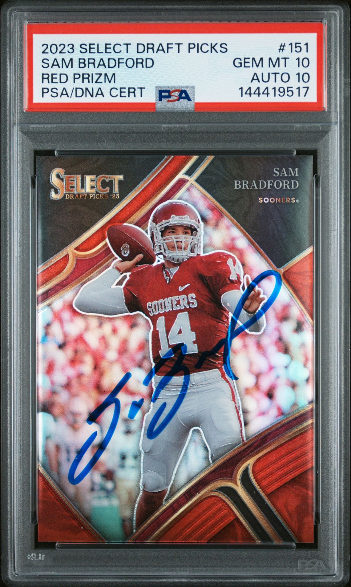 Sam Bradford 2023 Select Draft Picks Red Prizm Oklahoma Sooners Signed Football Card #151 Serial 31/149 Graded PSA 10 Auto 10 Cert #144419517