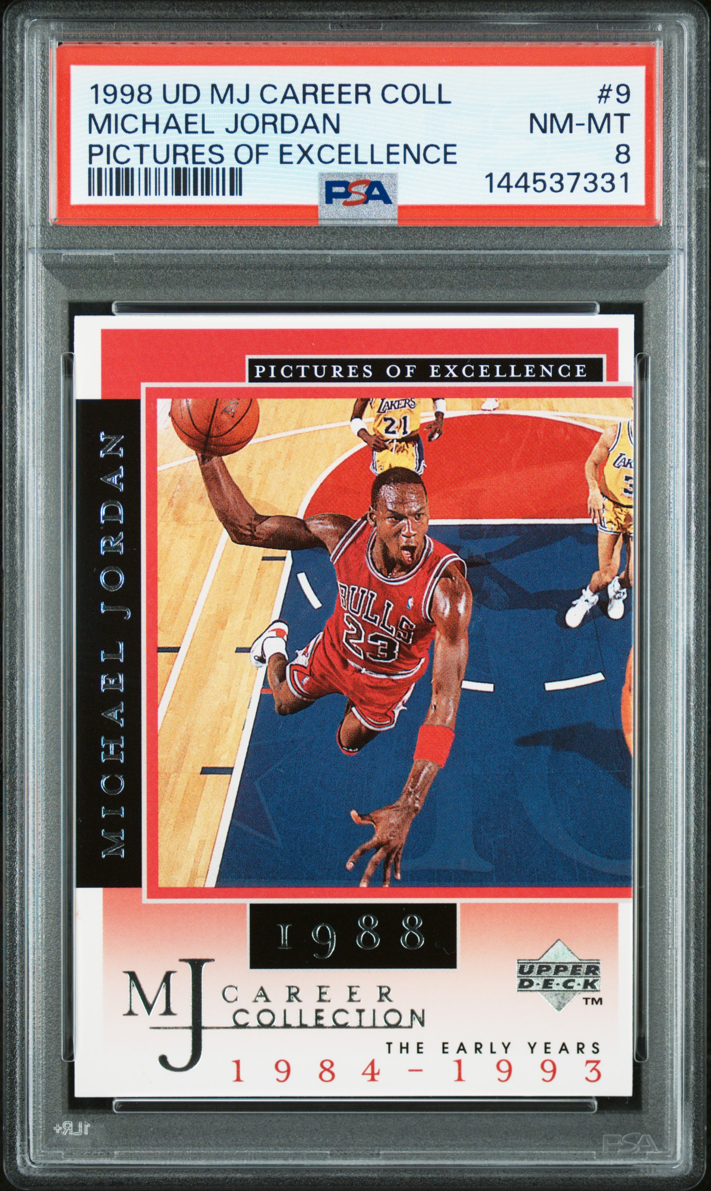Michael Jordan 1998 Upper Deck MJ Career Collection Pictures of Excellence Chicago Bulls Basketball Card #9 Graded PSA 8 Cert #144537331