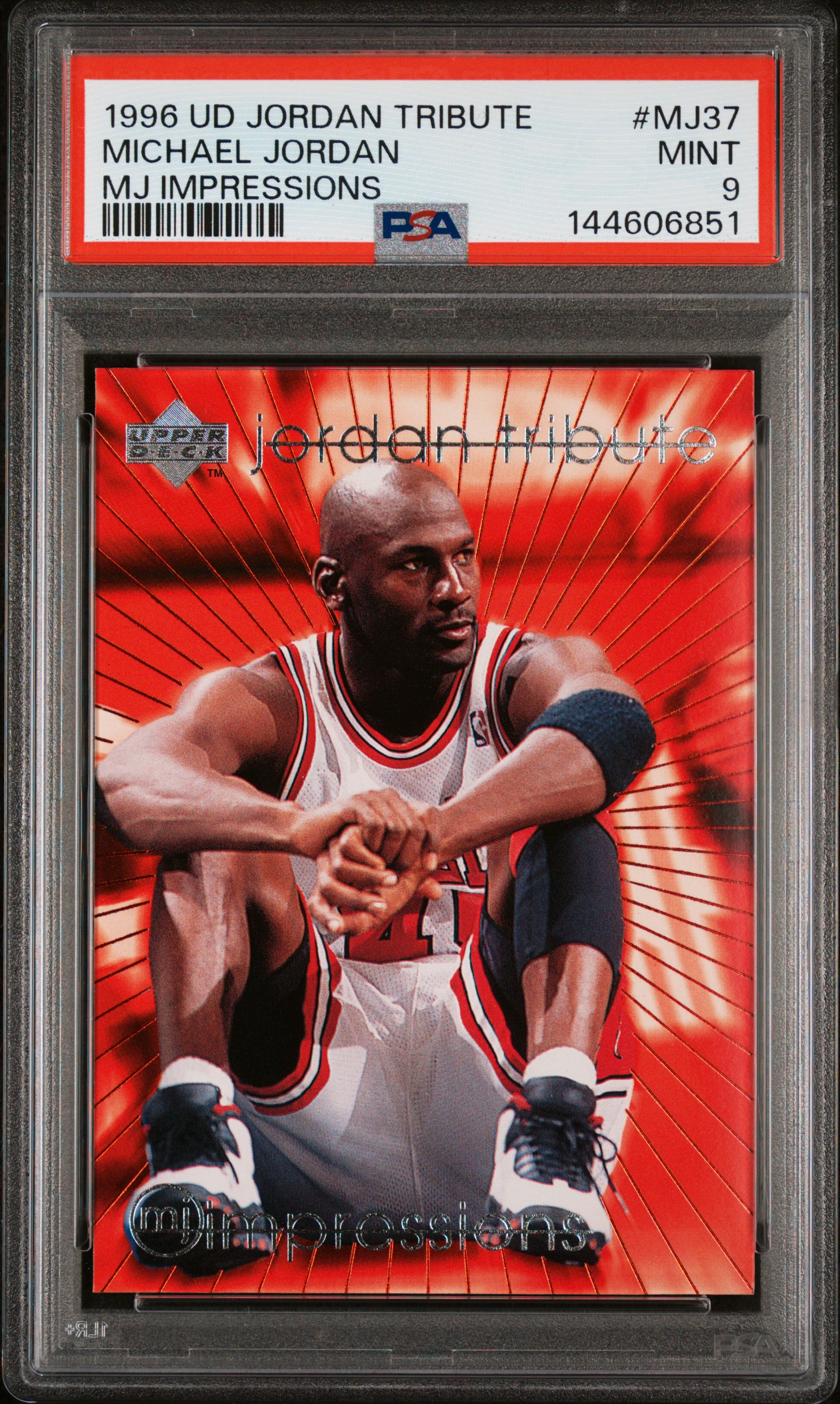 Michael Jordan 1996 Upper Deck Jordan Tribute MJ Impressions Chicago Bulls Basketball Card #MJ37 Graded PSA 9 Cert #144606851