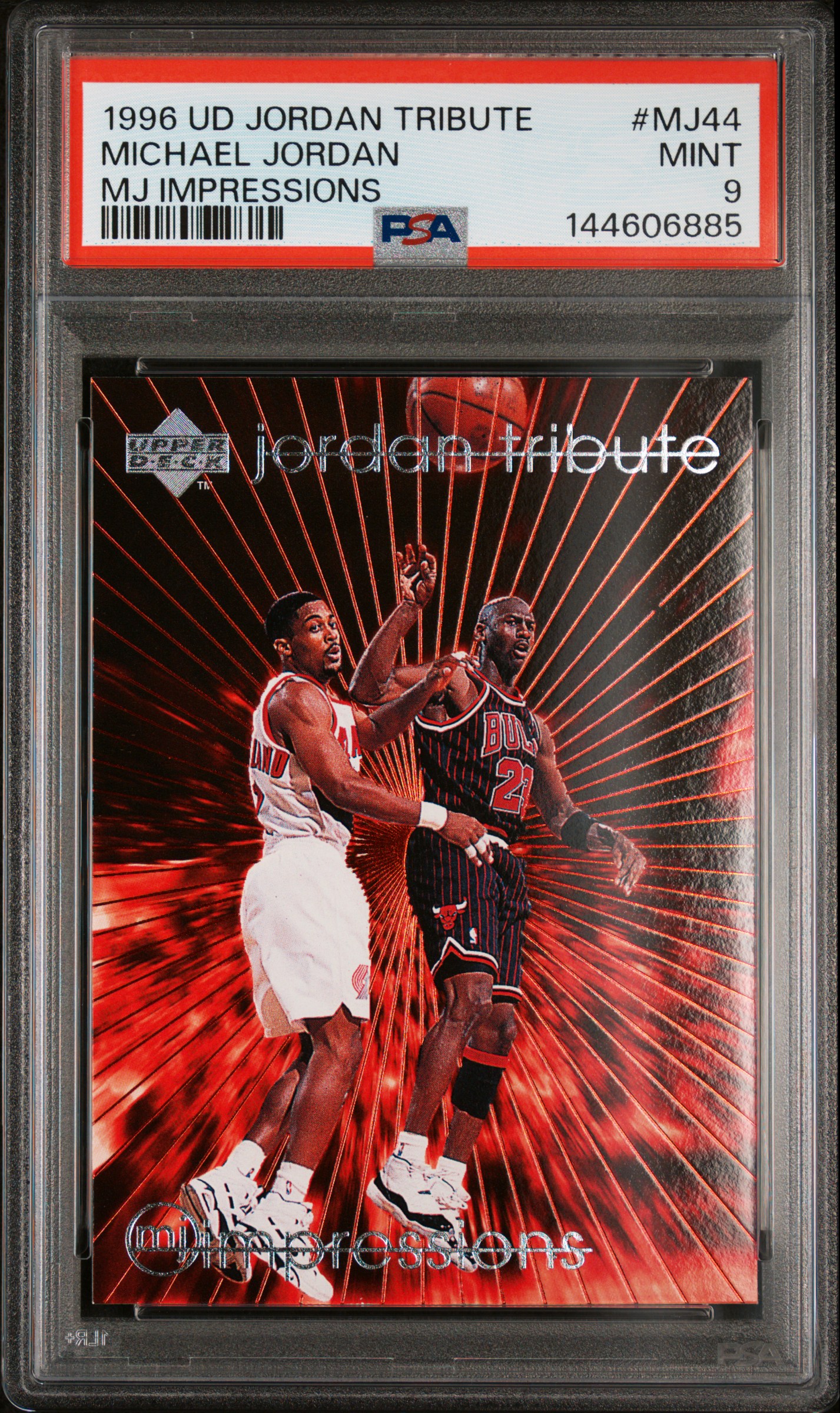 Michael Jordan 1996 Upper Deck Jordan Tribute MJ Impressions Chicago Bulls Basketball Card #MJ44 Graded PSA 9 Cert #144606885
