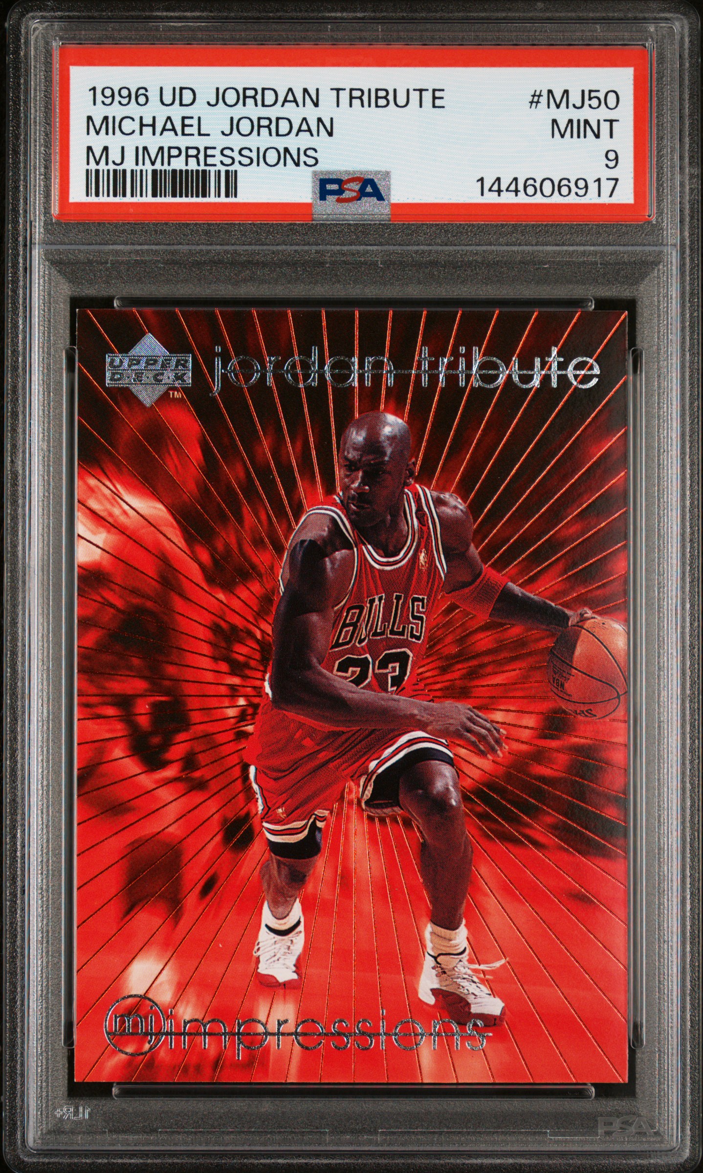Michael Jordan 1996 Upper Deck Jordan Tribute MJ Impressions Chicago Bulls Basketball Card #MJ50 Graded PSA 9 Cert #144606917