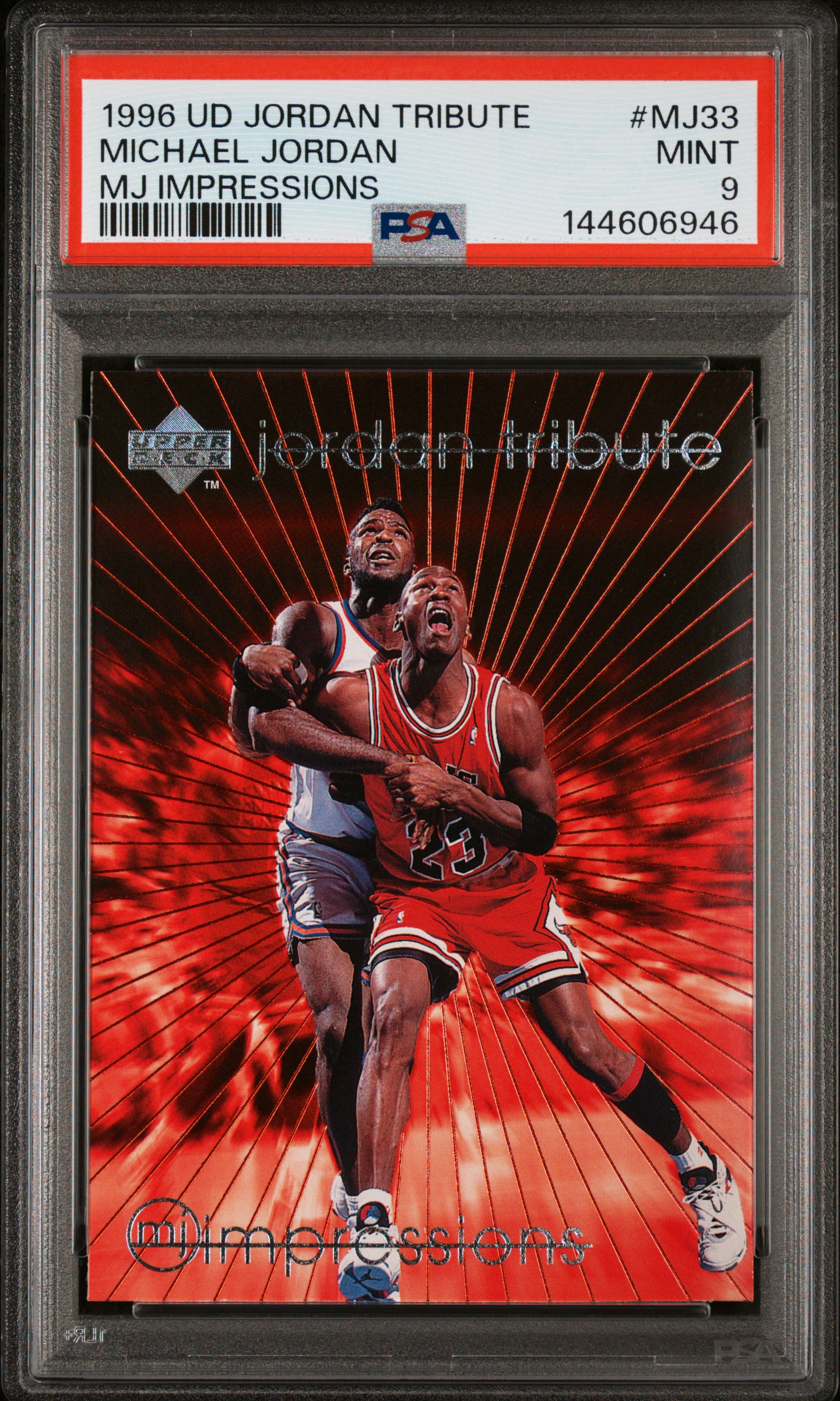 Michael Jordan 1996 Upper Deck Jordan Tribute MJ Impressions Chicago Bulls Basketball Card #MJ33 Graded PSA 9 Cert #144606946