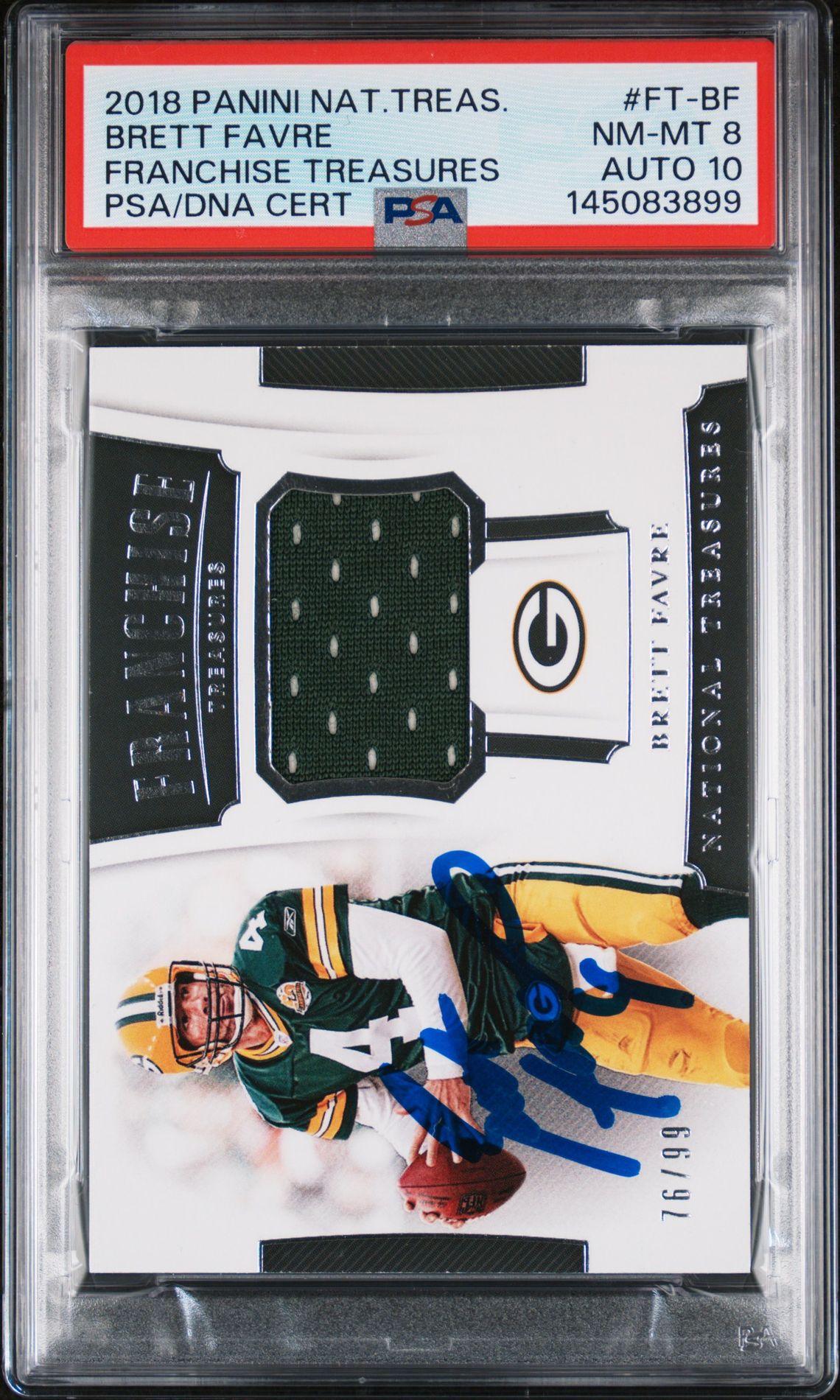 Brett Favre 2018 Panini National Treasures Green Bay Packers Signed Football Card #FT-BF Franchise Treasures Patch Worn Authentic Auto 10 Graded PSA 8 Cert #145083899 76/99