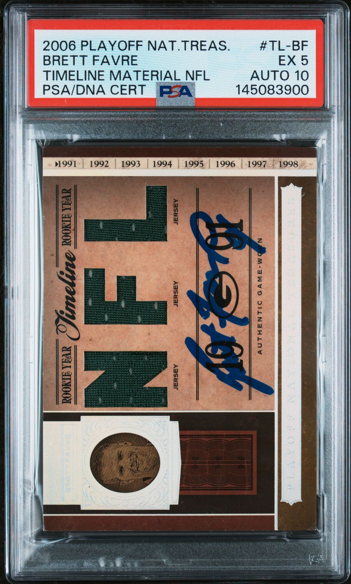 Brett Favre 2006 Playoff National Treasures Green Bay Packers Signed Football Card #TL-BF Timeline Material Game Used Patch Authentic Auto 10 Graded PSA 5 Cert #145083900 96/99