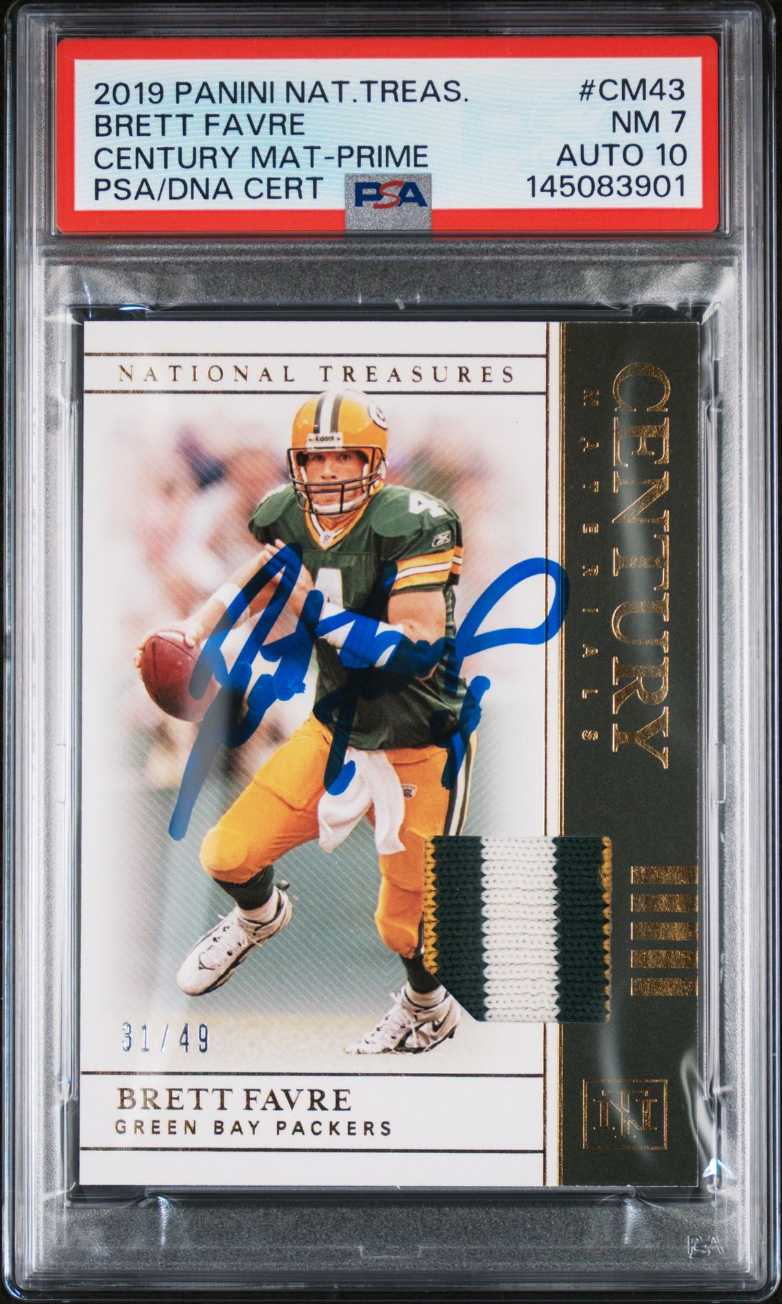 Brett Favre 2019 Panini National Treasures Green Bay Packers Signed Football Card #CM43 Century Material Prime Game Used Patch Authentic Auto 10 Graded PSA 7 Cert #145083901 31/49