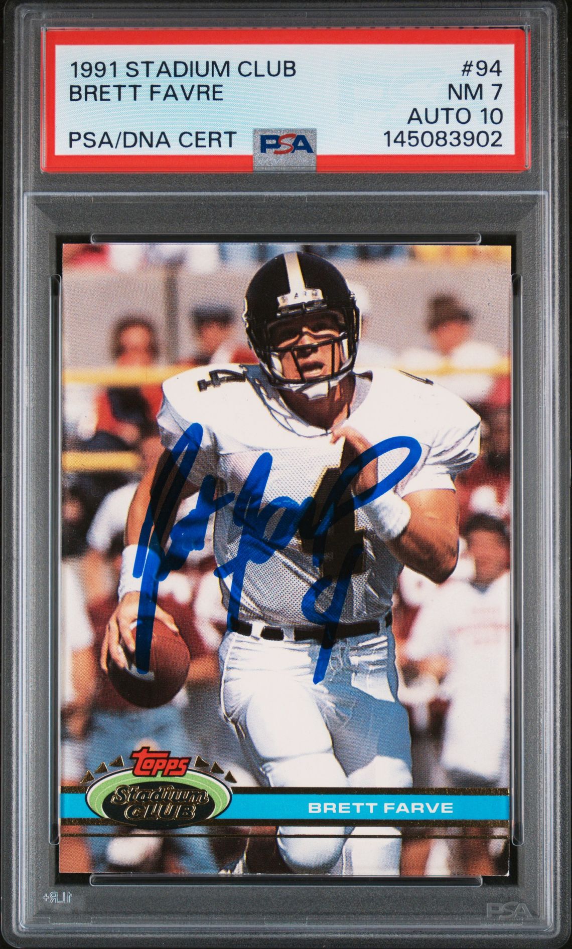 Brett Favre 1991 Topps Stadium Club Green Bay Packers Signed Football RC Rookie Card #94 Authentic Auto 10 Graded PSA 7 Cert #145083902