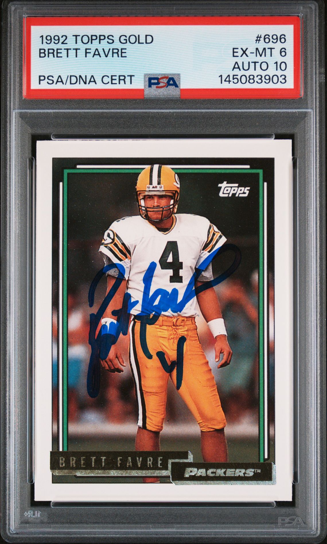 Brett Favre 1992 Topps Gold Green Bay Packers Signed Football Card #696 Authentic Auto 10 Graded PSA 6 Cert #145083903