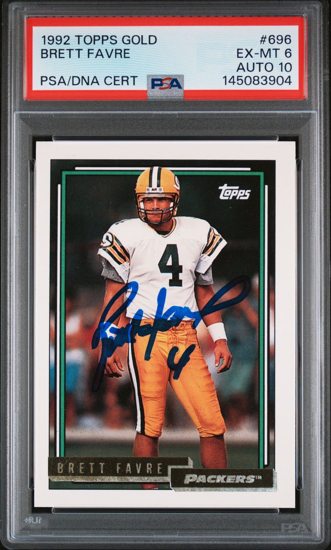 Brett Favre 1992 Topps Gold Green Bay Packers Signed Football Card #696 Authentic Auto 10 Graded PSA 6 Cert #145083904