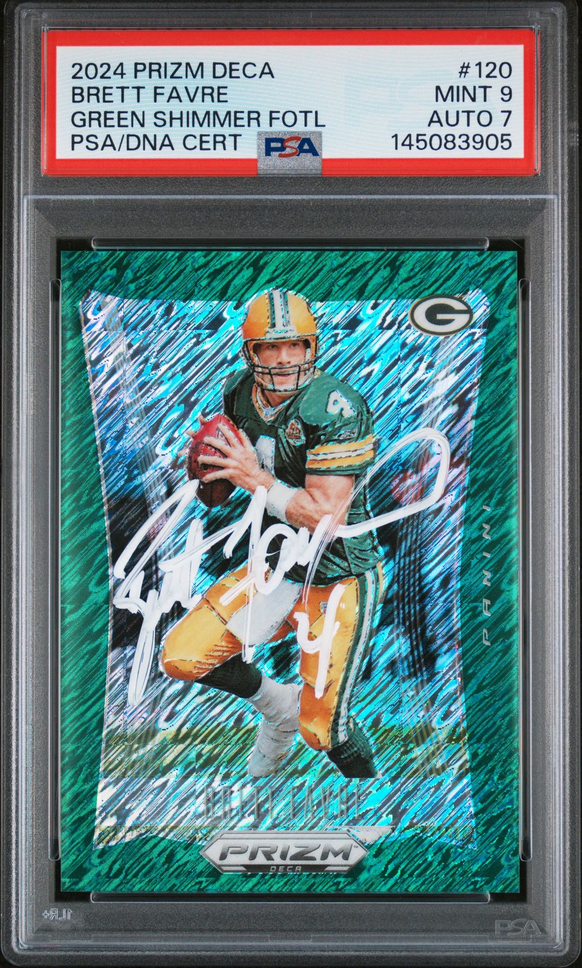 Brett Favre 2024 Panini Prizm Deca Green Shimmer FOTL Green Bay Packers Signed Football Card #120 FOTL Authentic Auto 7 Graded PSA 9 Cert #145083905 8/12
