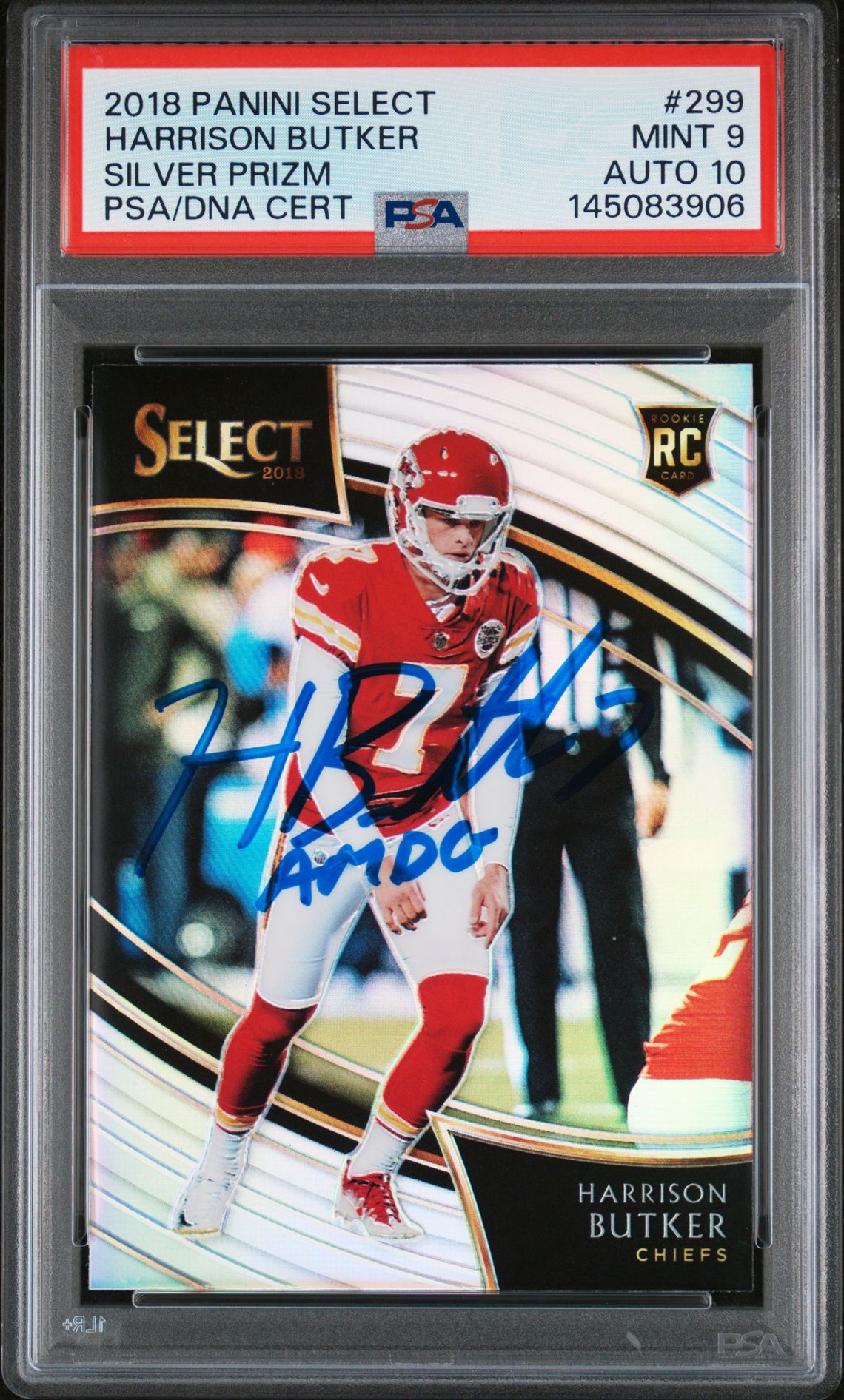 Harrison Butker 2018 Panini Select Silver Prizm Kansas City Chiefs Signed Football Rookie Card #299 Auto 10 Graded PSA 9 Cert #145083906
